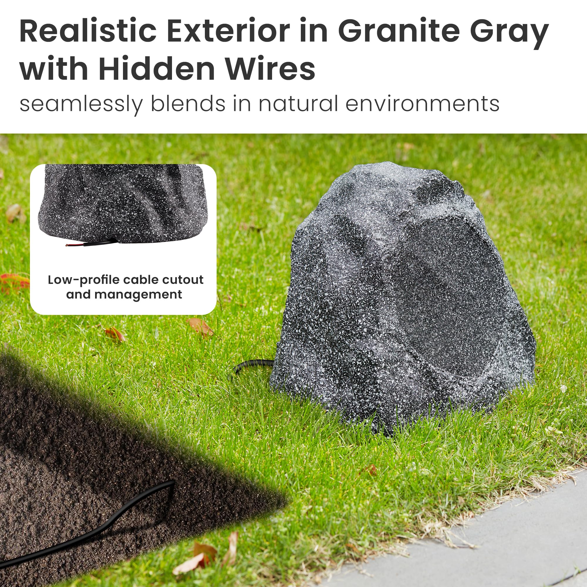 Theater Solutions 2R8G Outdoor Granite 8 Rock 2 Speaker Set For Deck Pool Spa Yard Garden, Granite Grey