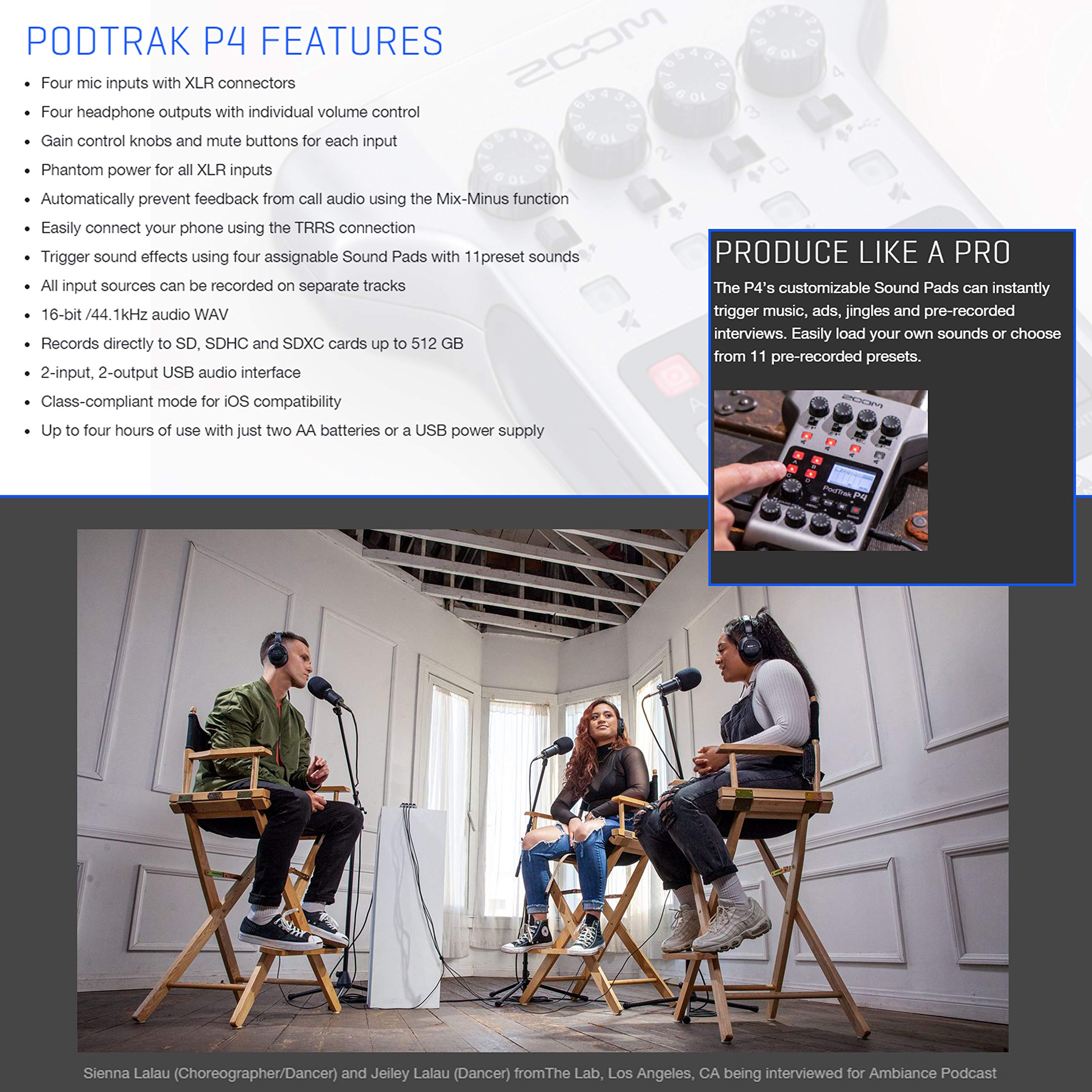 Zoom Podtrak P4 Portable Multitrack Podcast Recorder + 64Gb Sdxc Memory Card + 4X Dynamic Cardioid Handheld Mic + 4X Stereo Head