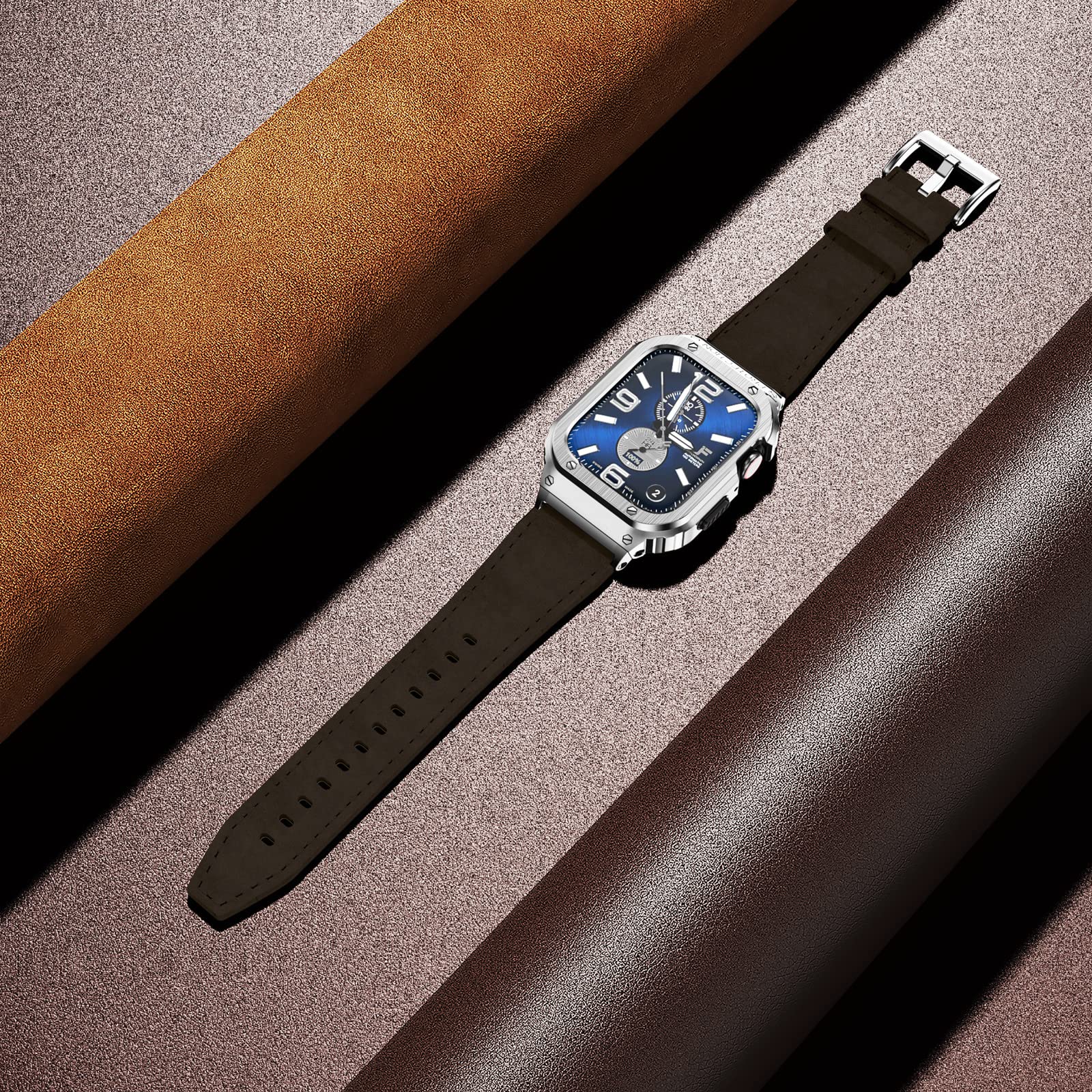 Suplink Stainless Steel Case And Bands Compatible With Apple Watch Series 8 9 7 Band 45Mm For Men,Leather Strap And Rugged Apple