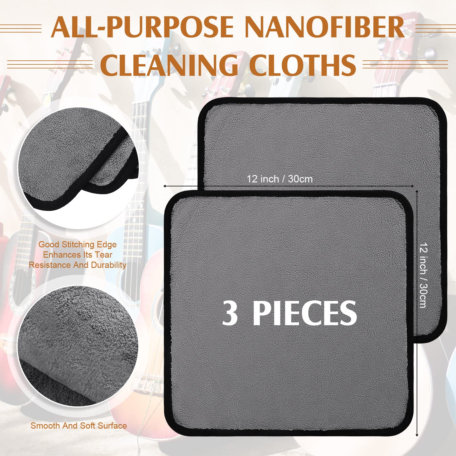 3 Pack Plush Microfiber Guitar Cloth Soft Cleaning Polishing Cloth Microfiber Towels For Guitar Bass Violin Piano Cleaning Instr