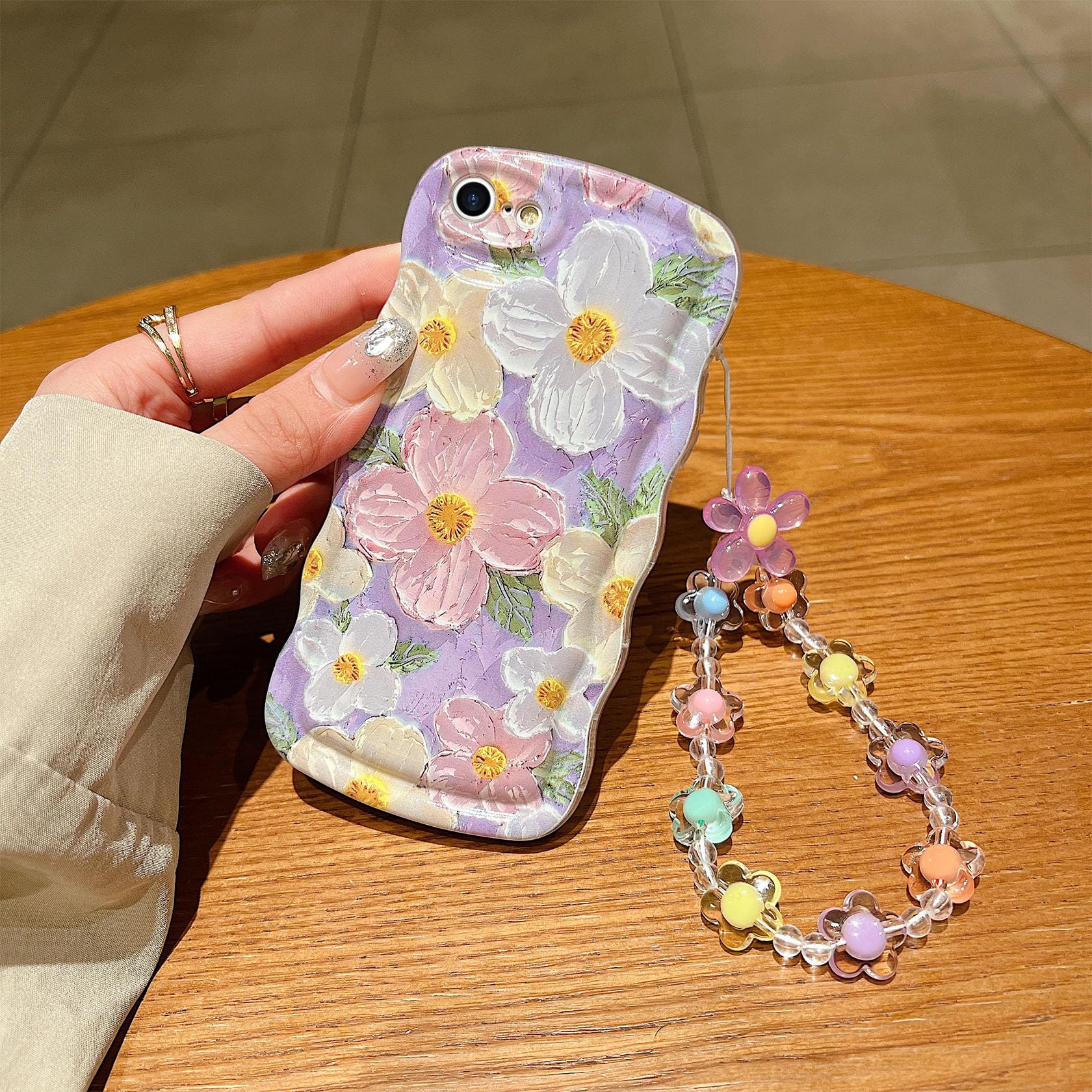 For Iphone Se Case 2022/2020 Iphone 8/7 Curly Wavy Case, Cute Colorful Retro Oil Painting Flower Glossy Pattern [With Bead Chain