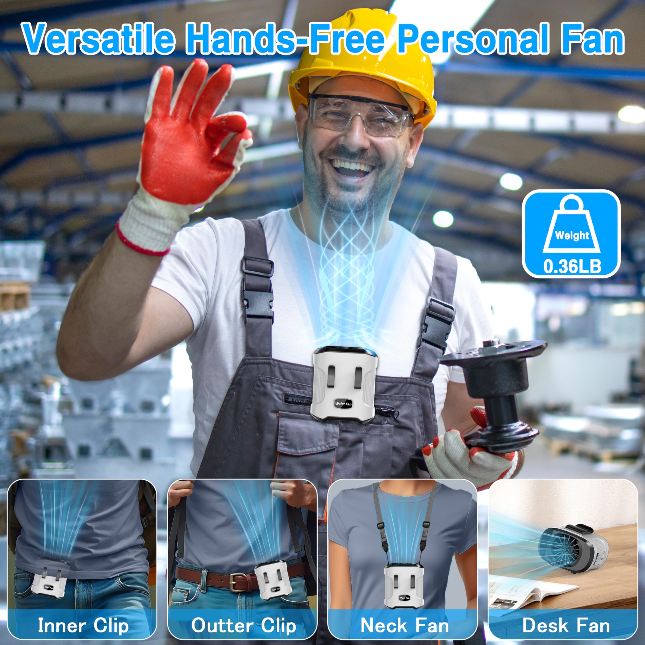 Sunoony Waist Fan Clip On Shirt Belt Body Wearable Hand-Free Rechargeable Battery Powered Fan With 3 Speed & Flashlight Cooling