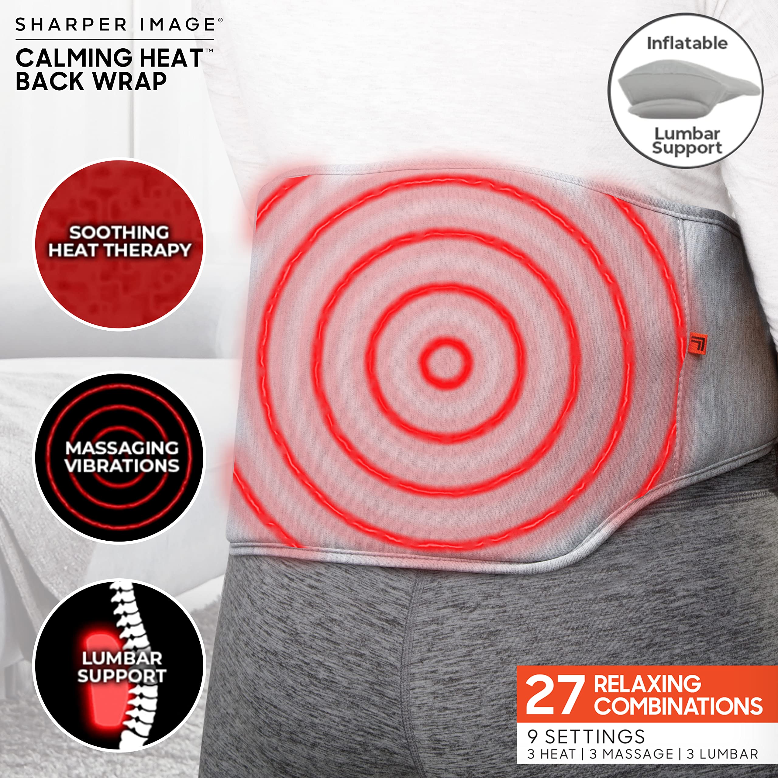 Calming Heat Back Wrap By Sharper Image  Electric Back Heating Pad With Customizable Inflatable Lumbar Support, Soothing Heat, &