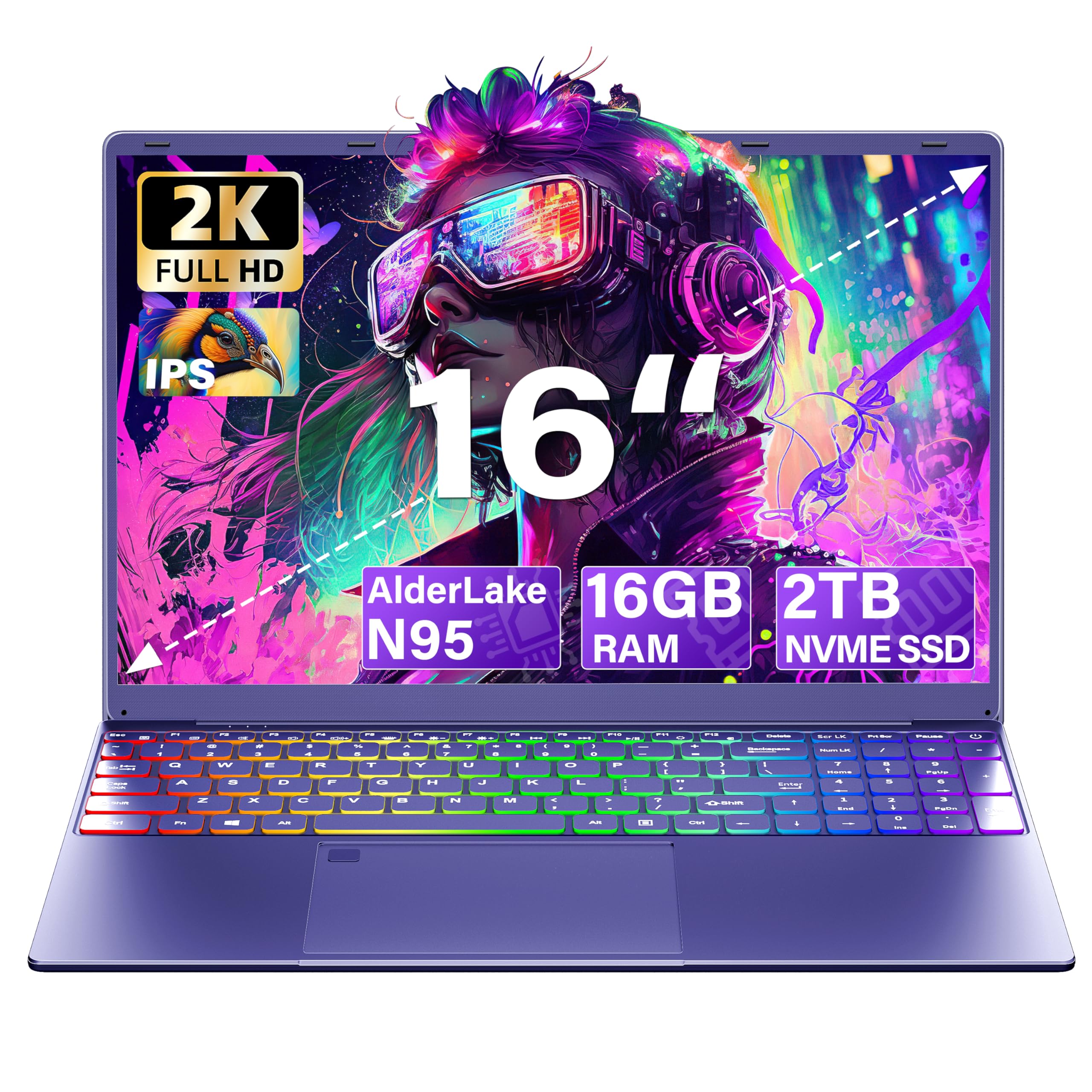 Svikou 16 Purple Laptop Computer - Quad-Core N95 Processor, 2TB NVMe SSD 12GB LPDDR5 RAM, 2K FHD IPS Display, Color Backlit Keyb