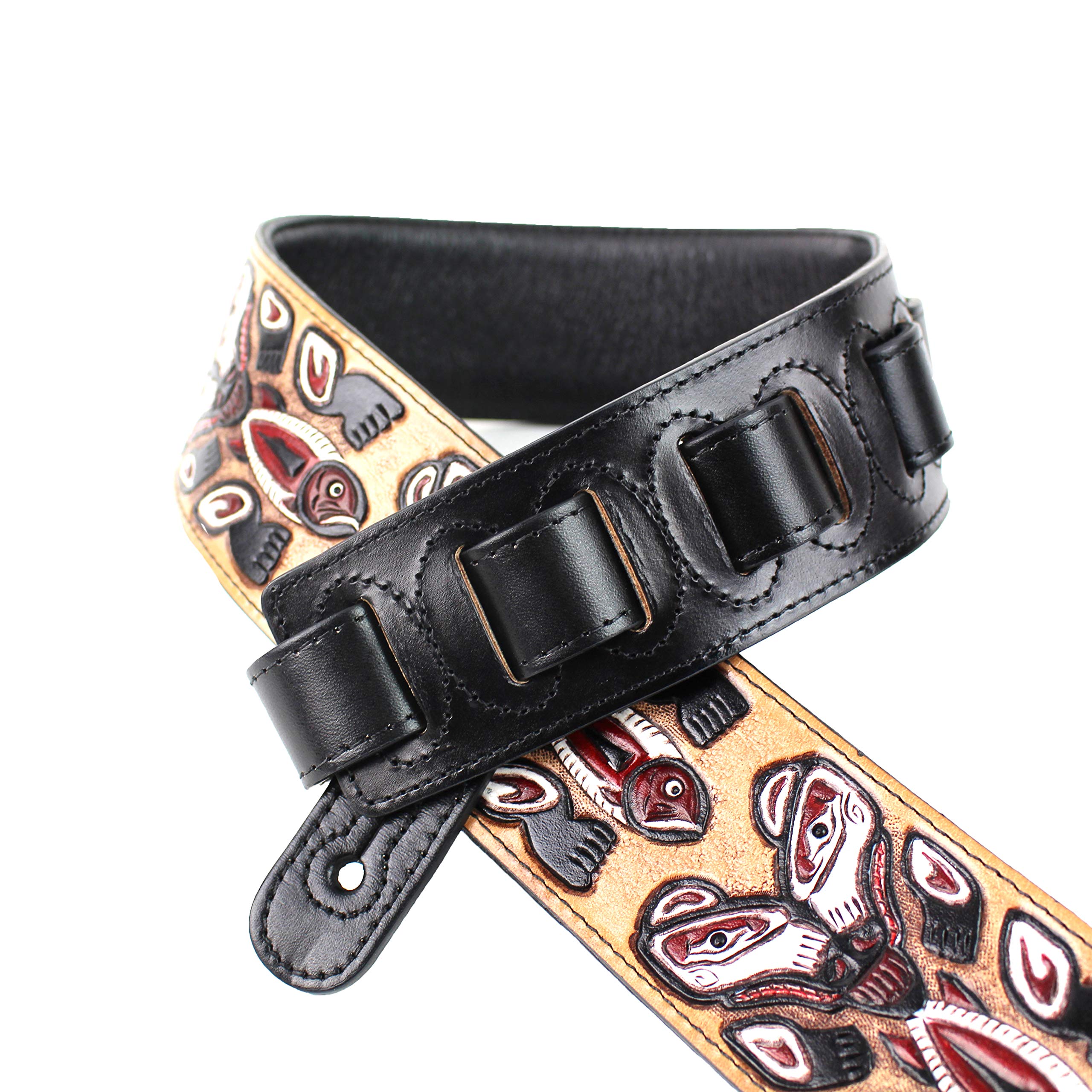 Walker And Williams Lhr 23 Handmade Black Premium Carved Leather Guitar Strap With Bear Totem Carving For Acoustic, Electric, An