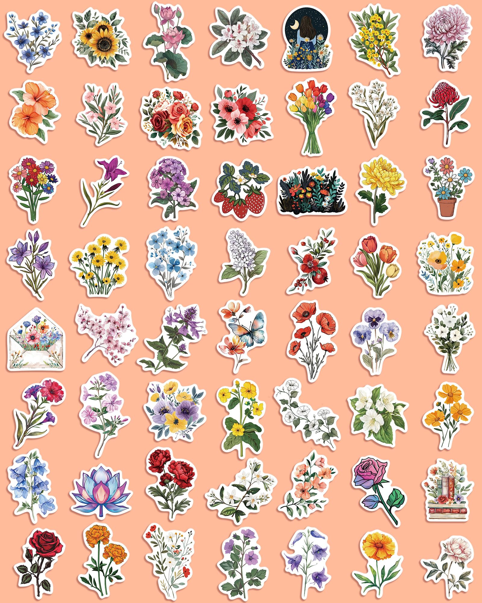 100 Pcs Flower Stickers Aesthetic Floral Stickers, Cute Stickers Flower Decor Flower Party Gifts For Kids Girls Women, Waterproo