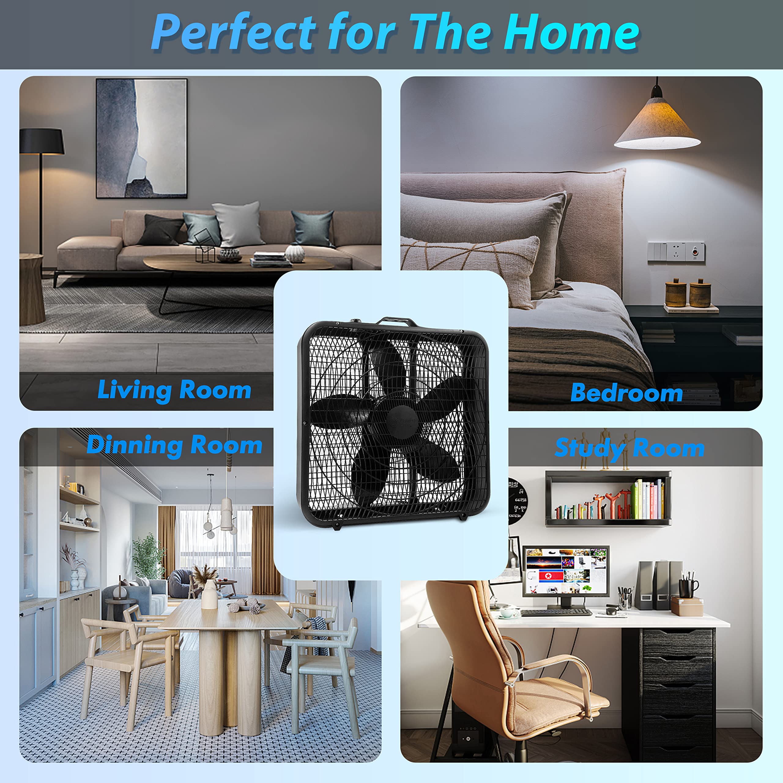 Comfort Zone Box Fan With Carry Handle, 20 Inch, 3 Speed Full Force Air Circulation With Air Conditioner, Floor Fan, Bedroom Fan