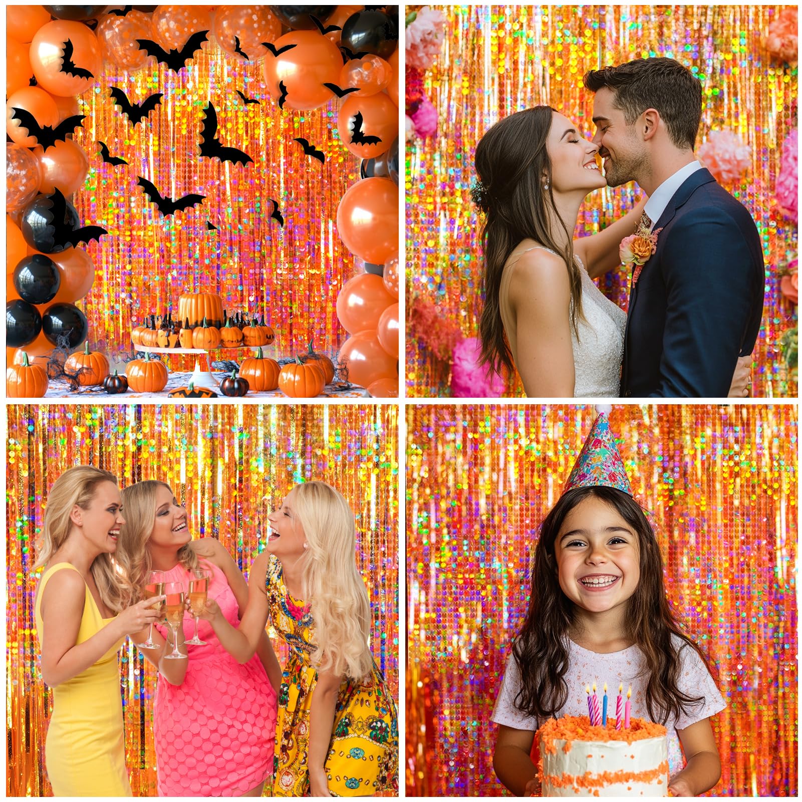 4 Packs Orange Foil Fringe Curtain, Orange Glitter Metallic Tinsel Backdrop For Birthday, Wedding, Baby Shower, Halloween, Thank