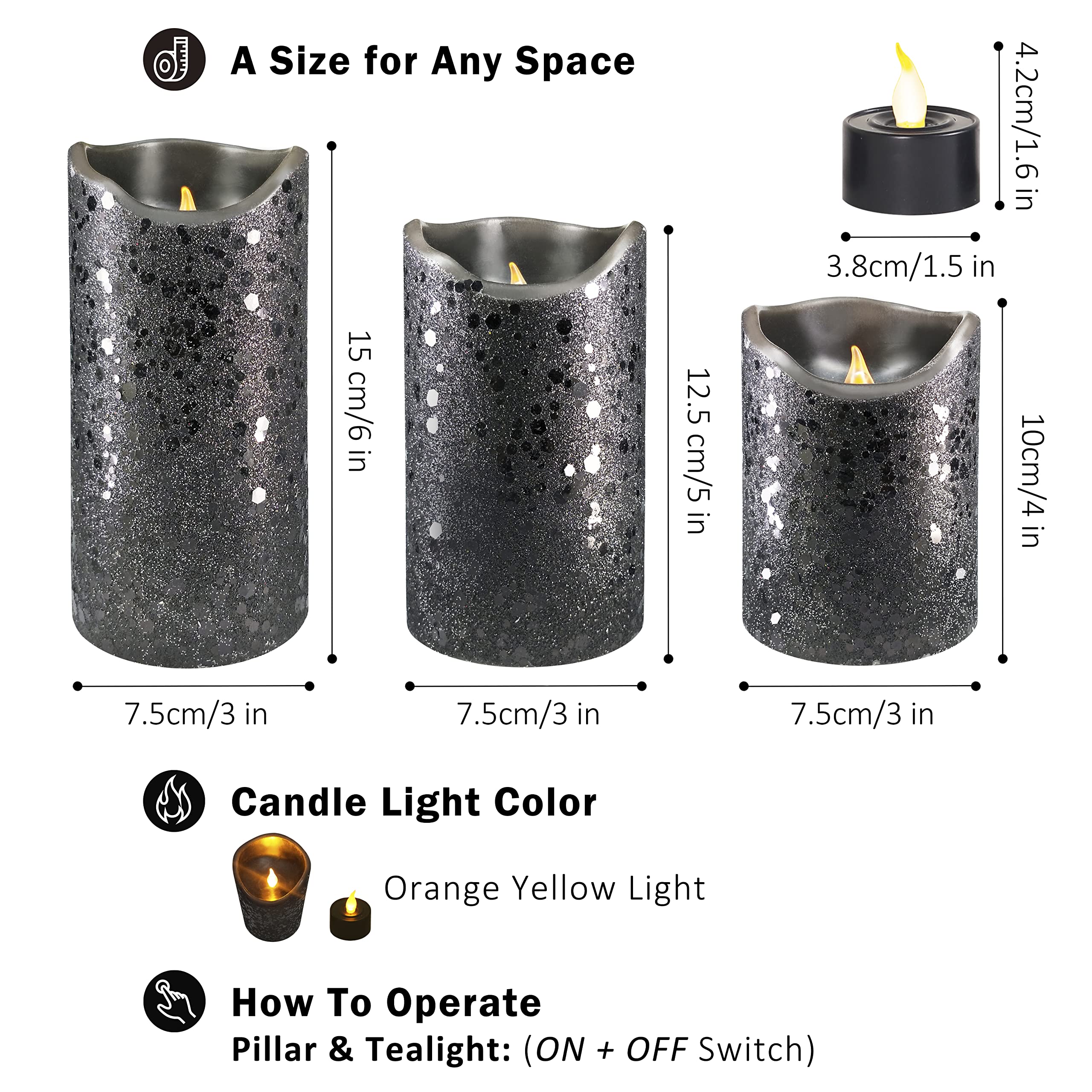 Furora Lighting Led Flameless Candles, Set Of 6 Battery Operated, Ideal For Home Decor With Timer Function, Black Glittery Finis
