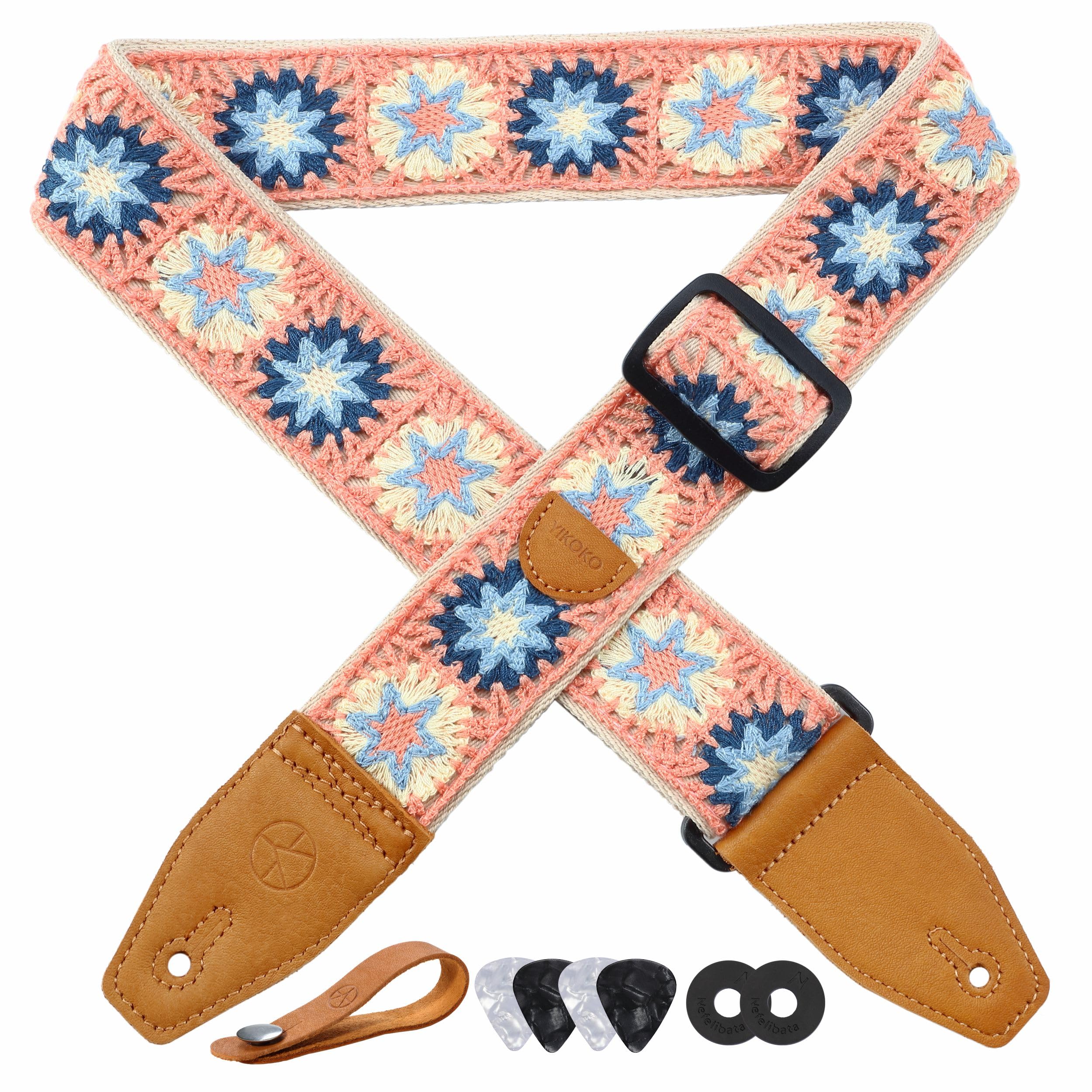 YIKOKO Guitar Strap 2 inch Floral Cotton Guitar Straps with Full Grain Leather End, for Bass, Electric and Acoustic Guitars, Fre