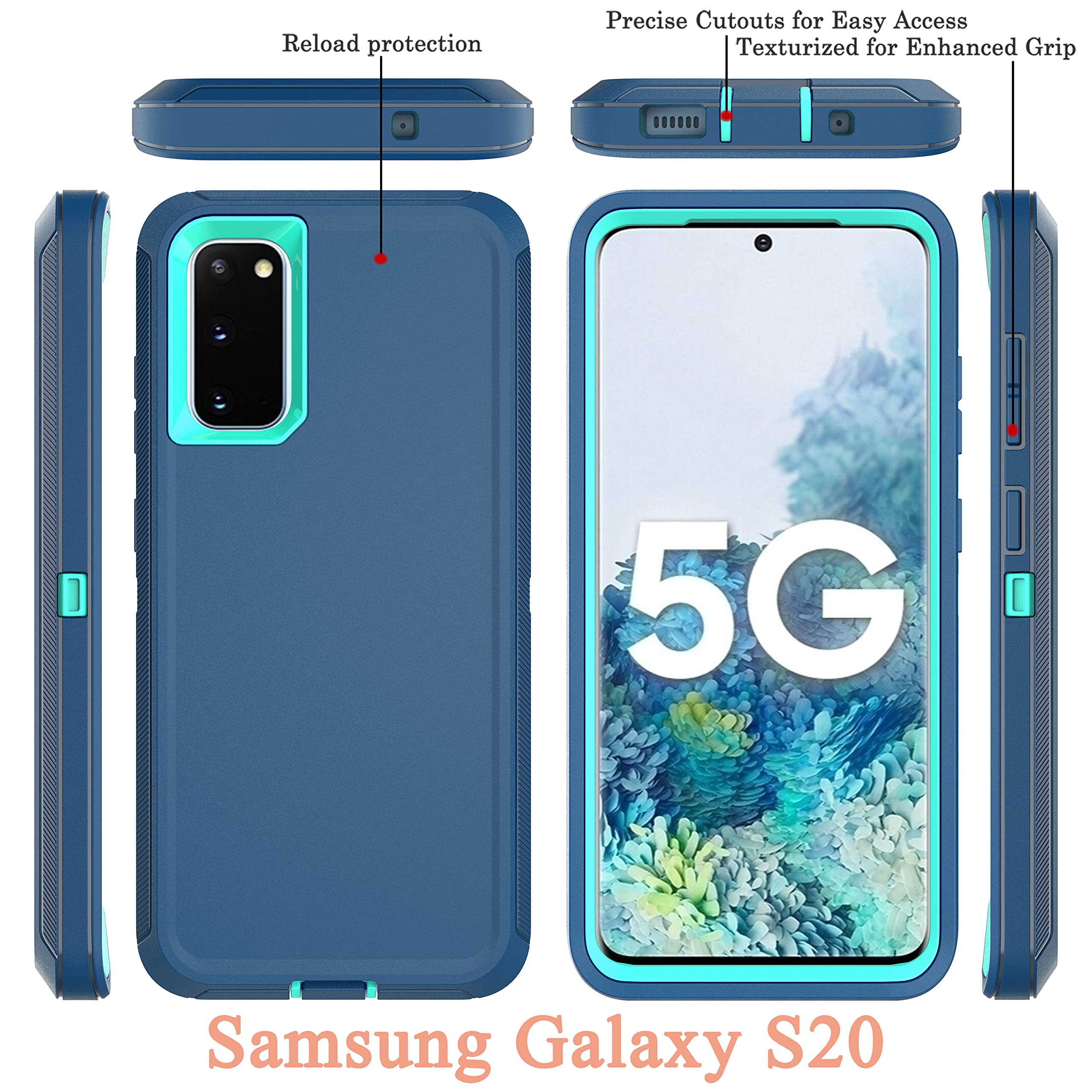 YmhxcY Phone Case for Samsung Galaxy S20 5G Drop Proof 3-Layer Durable Cover Polycarbonate Blue Turquoise with Screen & Lens Protectors