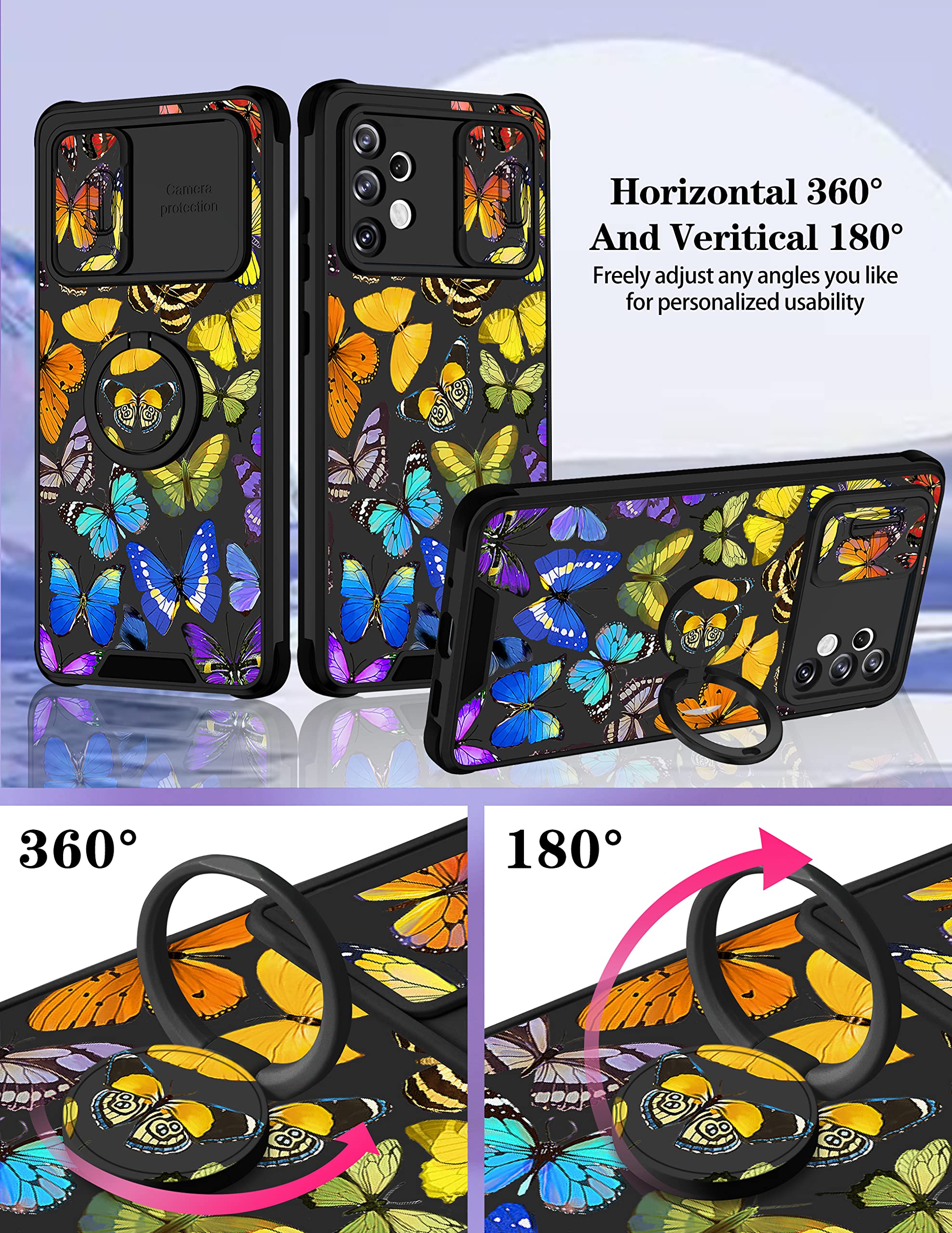 Goocrux (2In1 For Samsung Galaxy A32 5G Case Butterfly Women Girls Girly Pretty Phone Cover With Slide Camera Cover+Ring Holder