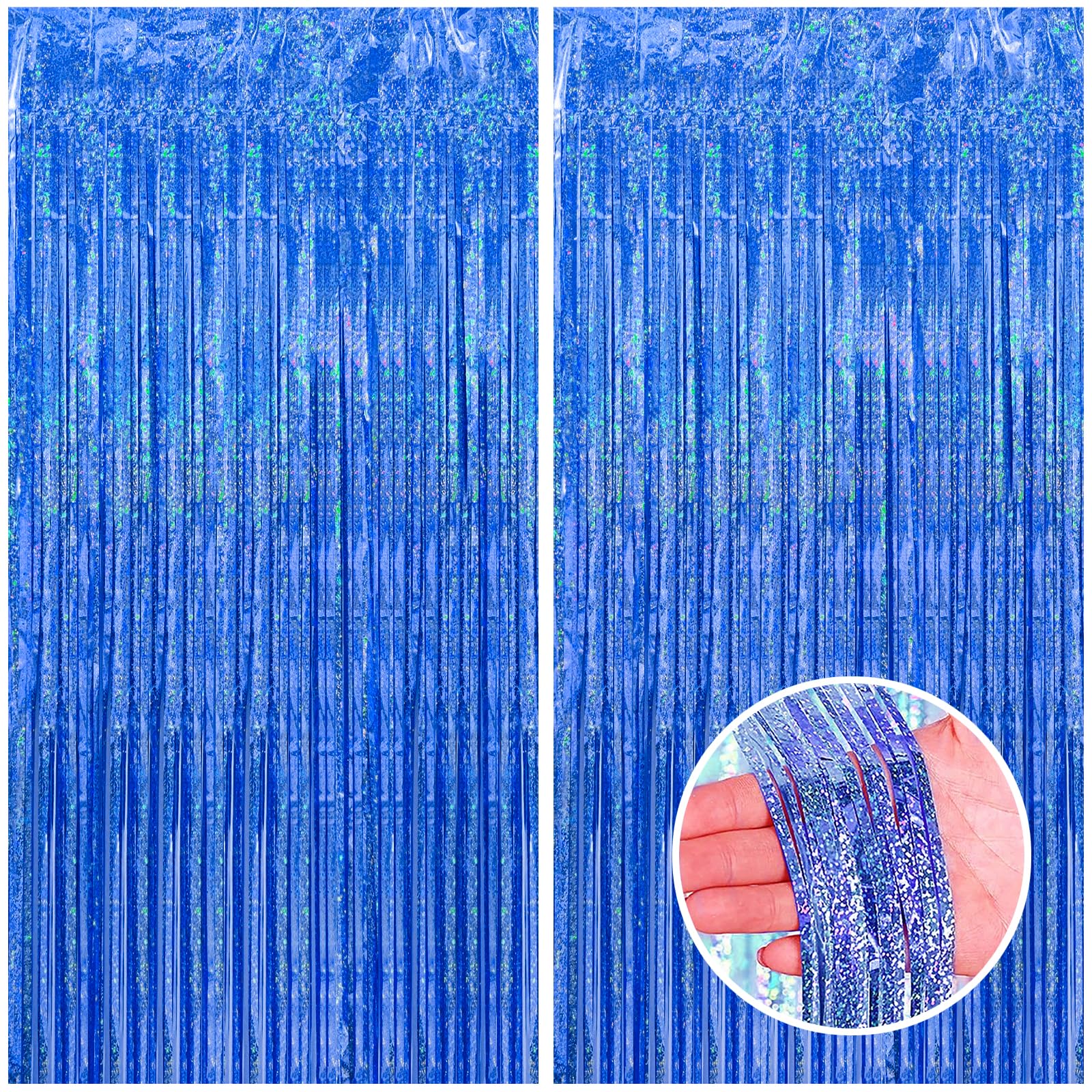 Canrevel 2 Pack 3.3X8.2 Feet Blue Foil Fringe Backdrop Curtains, Glitter Tinsel Streamers Birthday Party Decorations, Fringe Bac