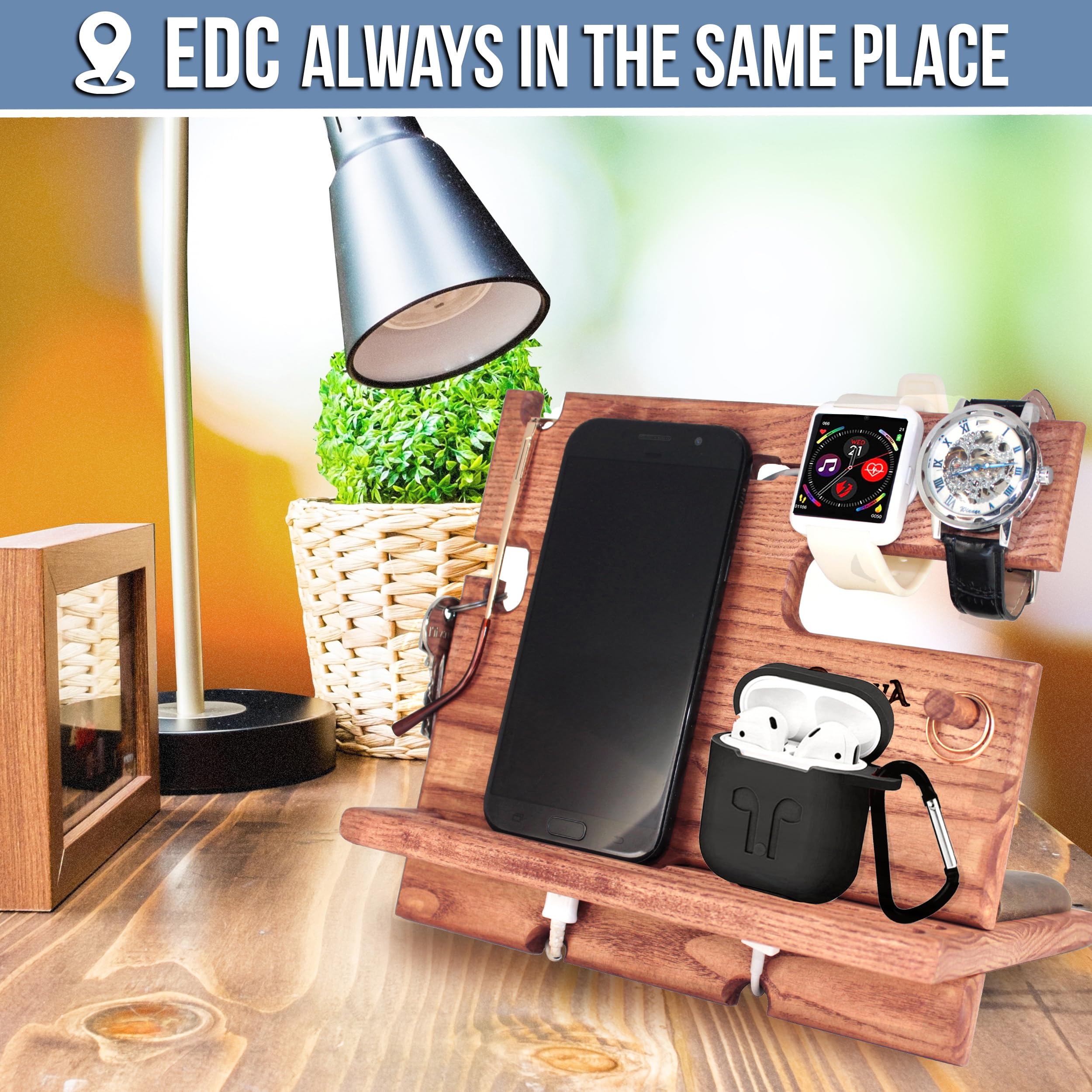 Barva Wood Docking Station Farmhouse Decor Nightstand Organizer Phone Wallet Watch Stand Key Holder Bedside Charging Dock Desk A