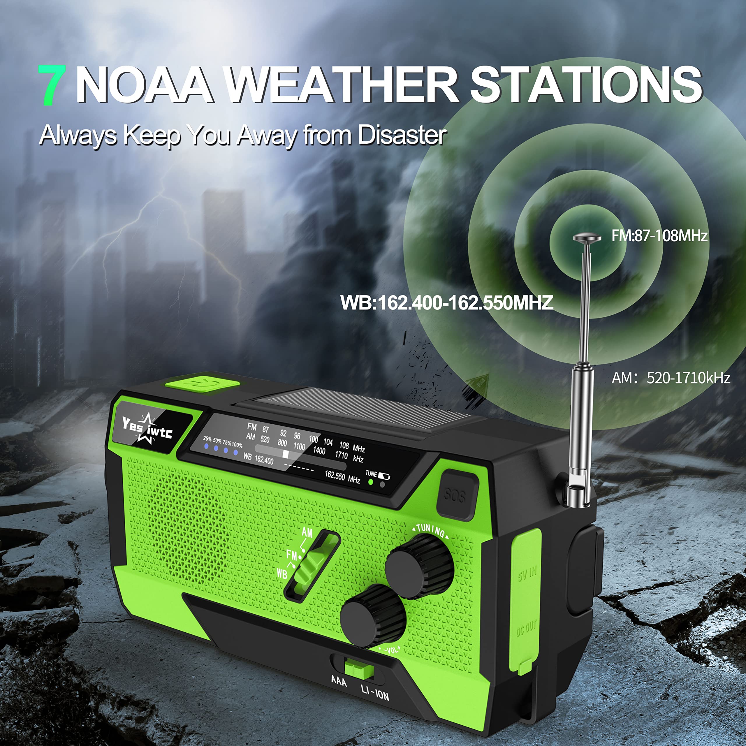 Yesiwtc 7400Mwh Noaa Emergency Weather Radio With 3 In 1 Charging Cable Emergency Radio Solar Hand Crank Alert Radio 3 Power Sup