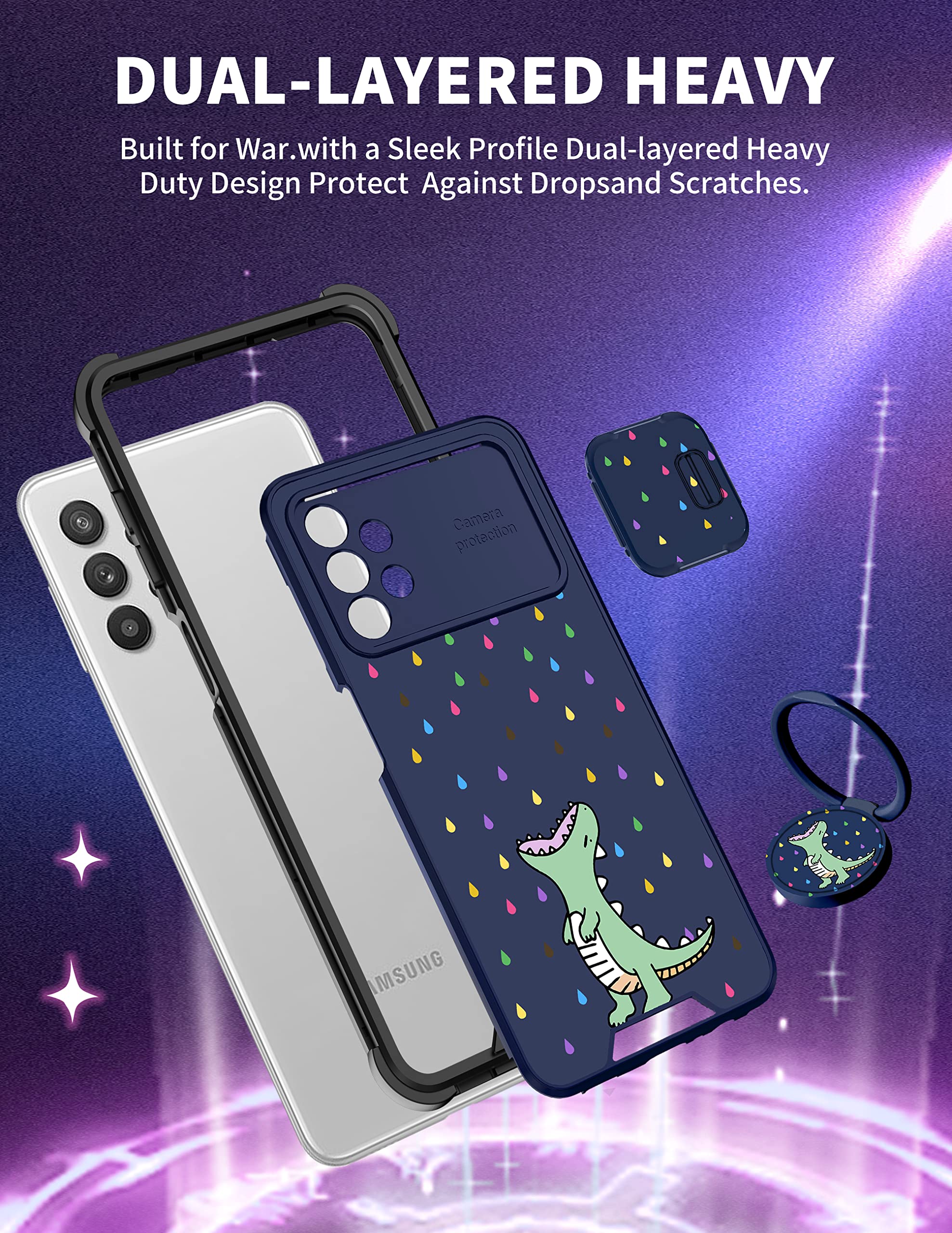 Goocrux (2In1 For Samsung Galaxy A32 5G Case Dinosaur Women Girls Cute Cartoon Phone Cover With Slide Camera Cover+Ring Holder G