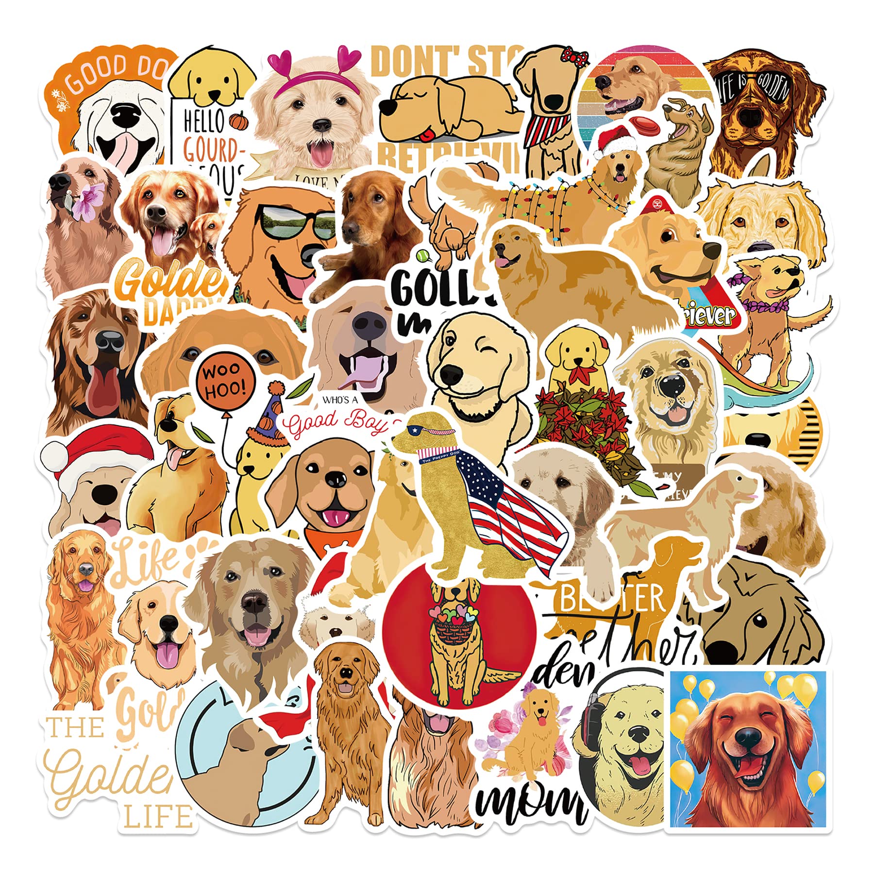 50Pcs Golden Retriever Stickers, Waterproof Vinyl Stickers Decals For Laptop Water Bottle Phone Luggage, Cute Cartoon Dog Sticke