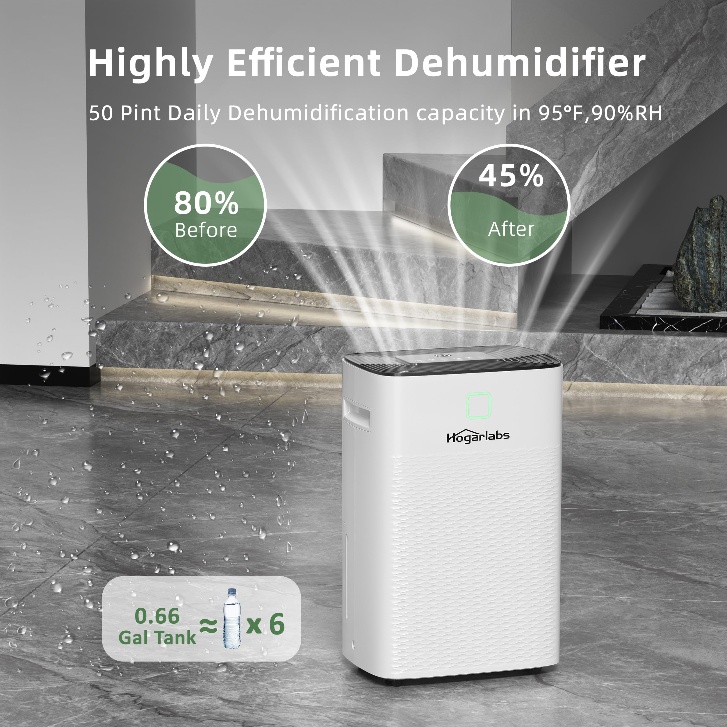 Hogarlabs 50 Pint Dehumidifiers Up To 4000 Sq Ft For Continuous Dehumidify, Home Dehumidifier With Digital Control Panel And Dra