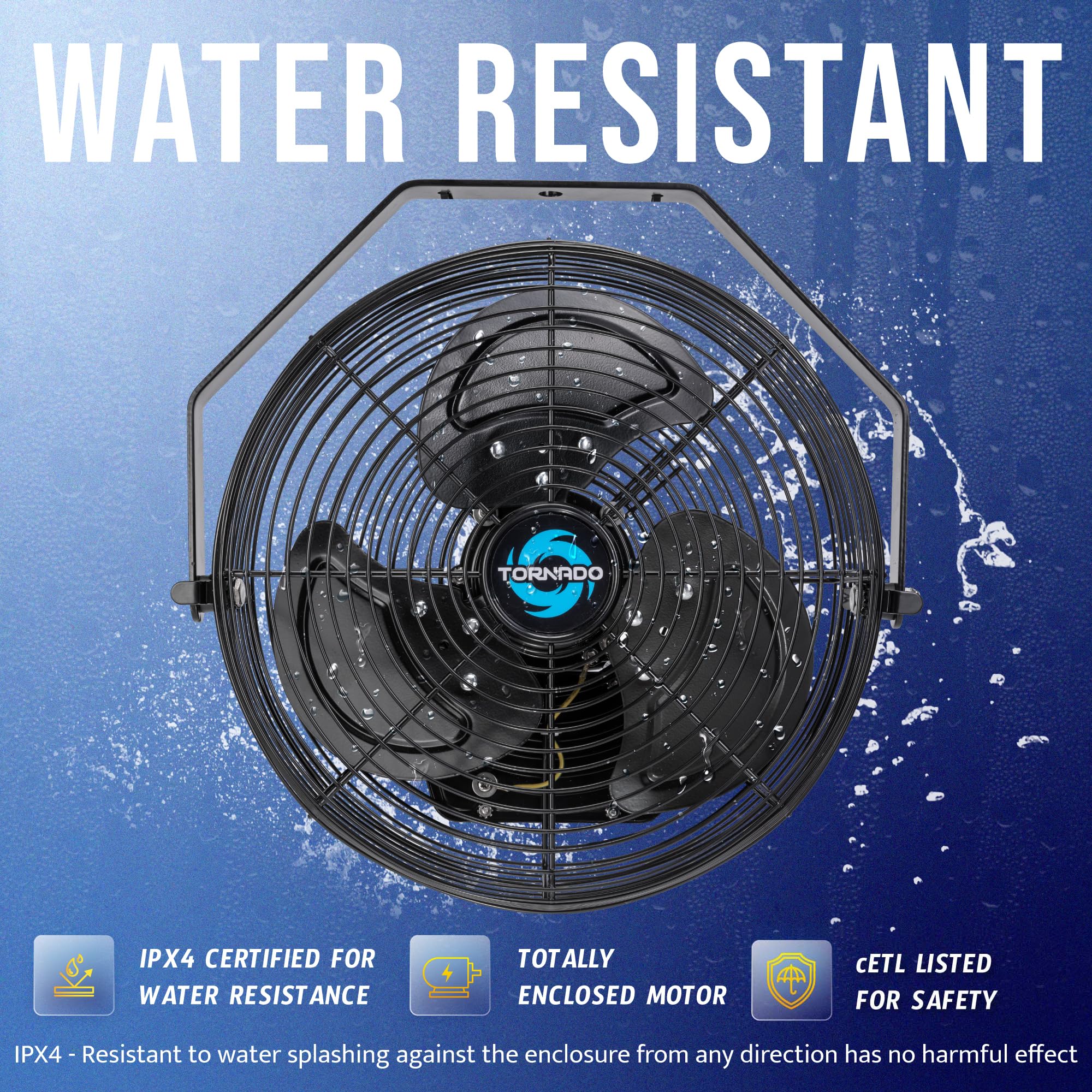 Tornado 12 Inch Outdoor Rated Ipx4 Water Resistant High Velocity Metal Industrial Wall Mount Fan For Commercial, Industrial, Res