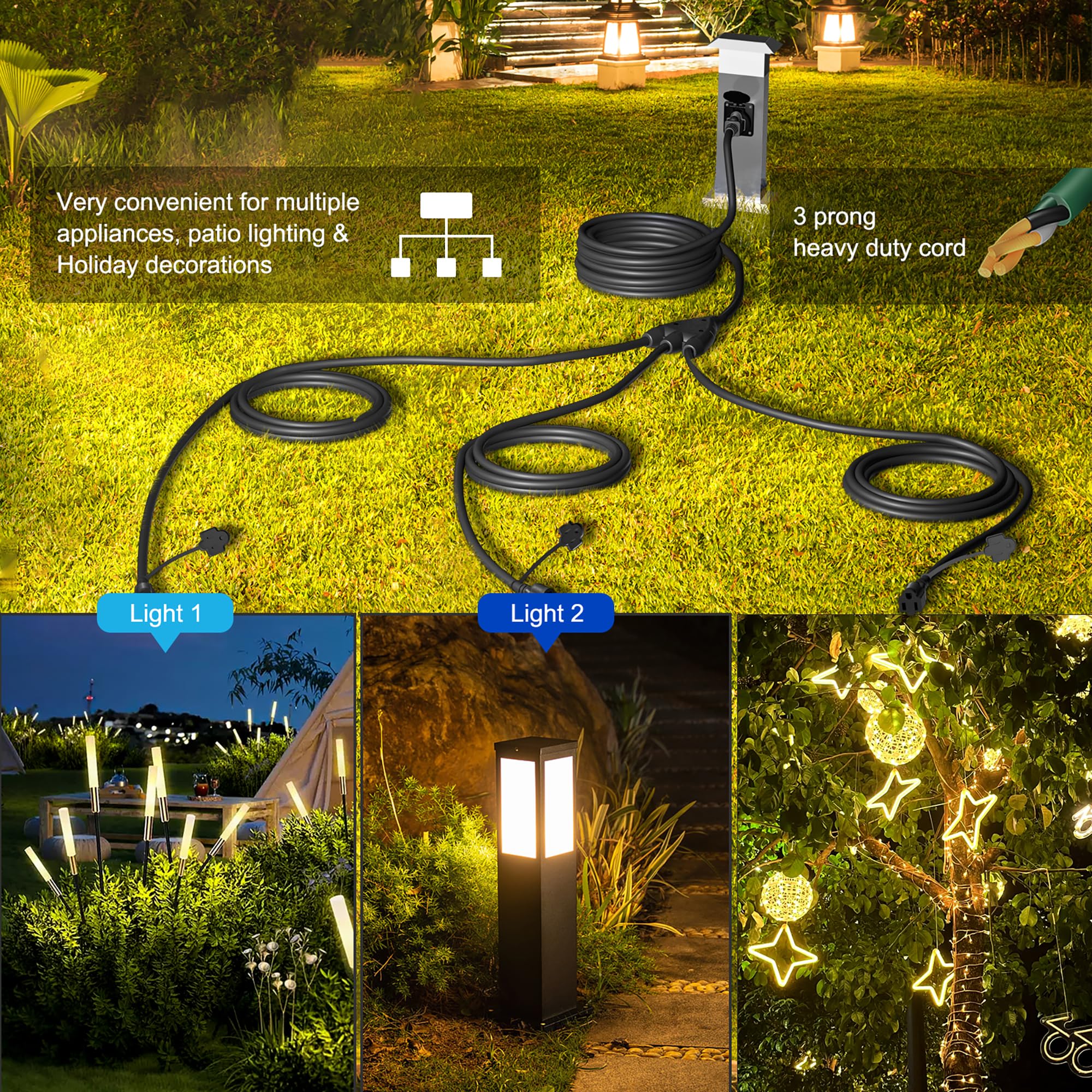 Eversimpleinc Black 1 To 3 Splitter Extension Cord (Combined 40 Ft, End To End 28 Ft), 3 Prong Plug With 3 Extended Outlets, Wit