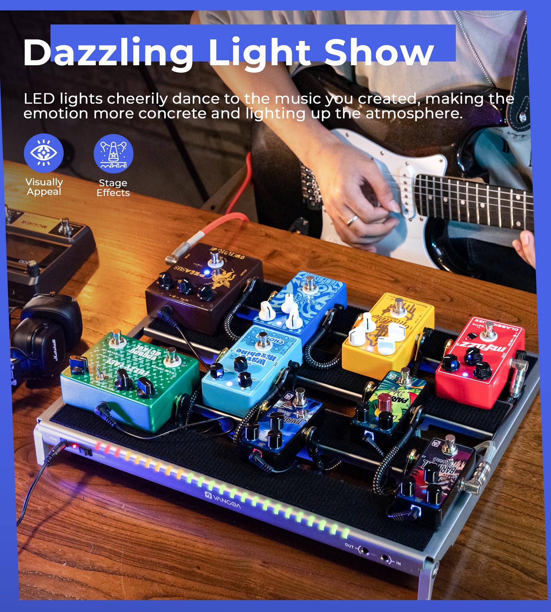 Vangoa Guitar Pedal Board With Isolated Power Supply, Pd M Aluminum One Piece Bent Portable Folding Powered Guitar Pedalboard Wi