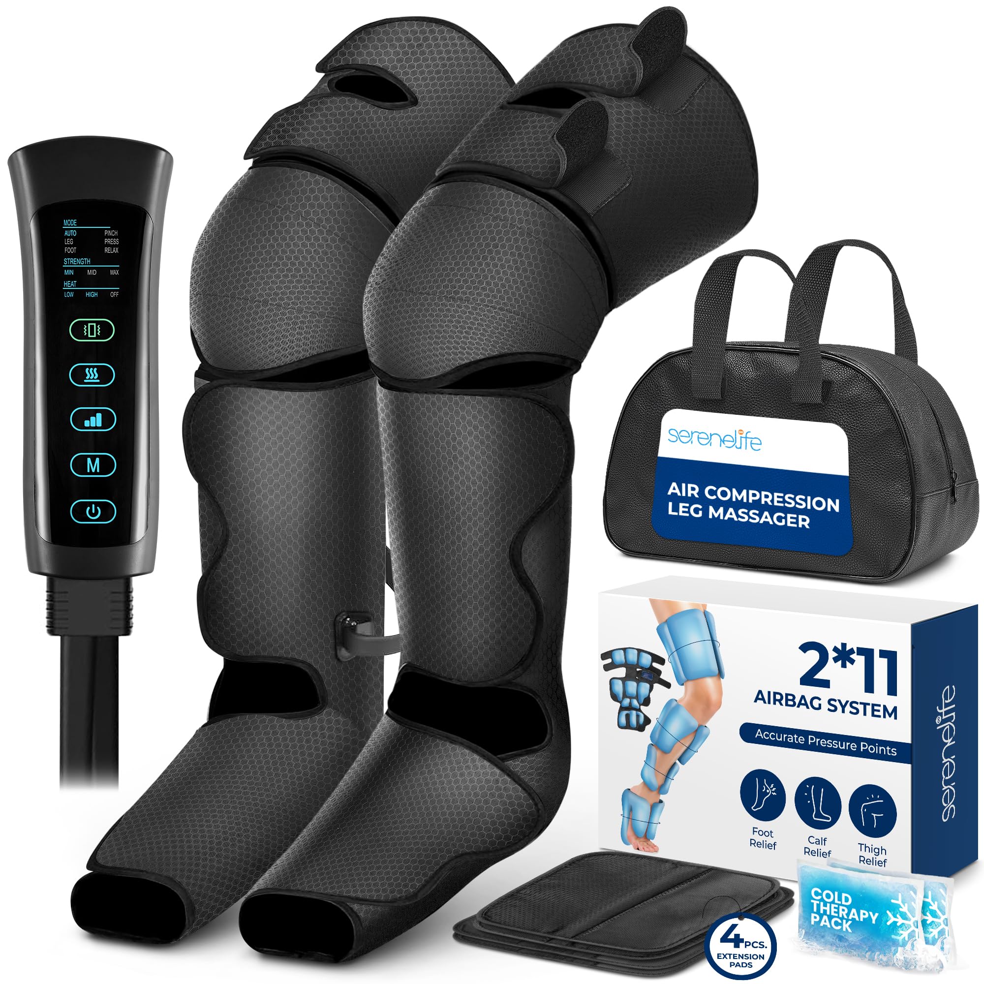SereneLife Air Compression Leg Massager, Full Leg Massager with Heat and Compression, Ice Pack, Portable and Adjustable with 6 M