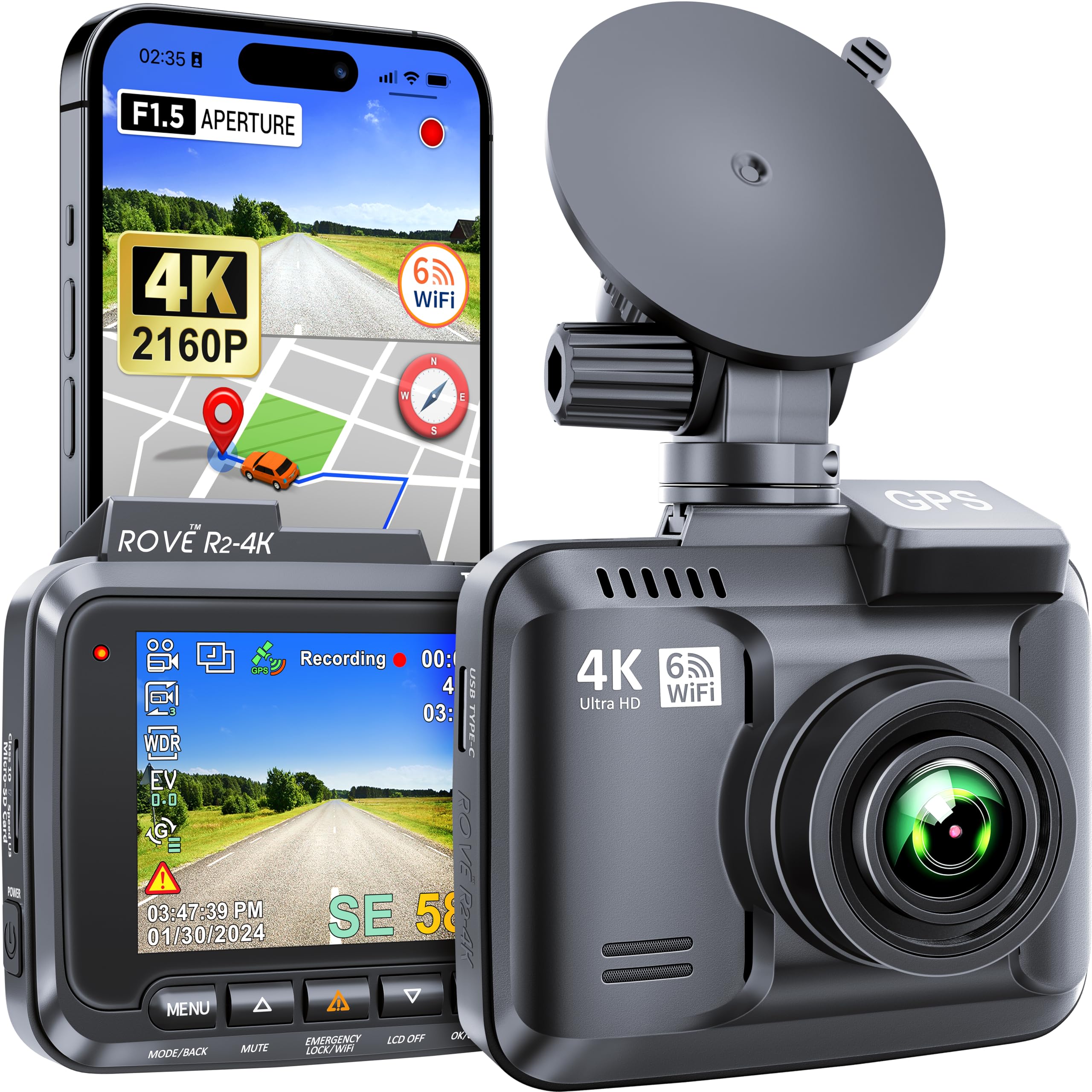 Rove R2 4K Dash Cam Built In Wifi Gps Car Dashboard Camera Recorder With Uhd 2160P, 2.4'' Ips Screen, 150 Wide Angle, Wdr, Night