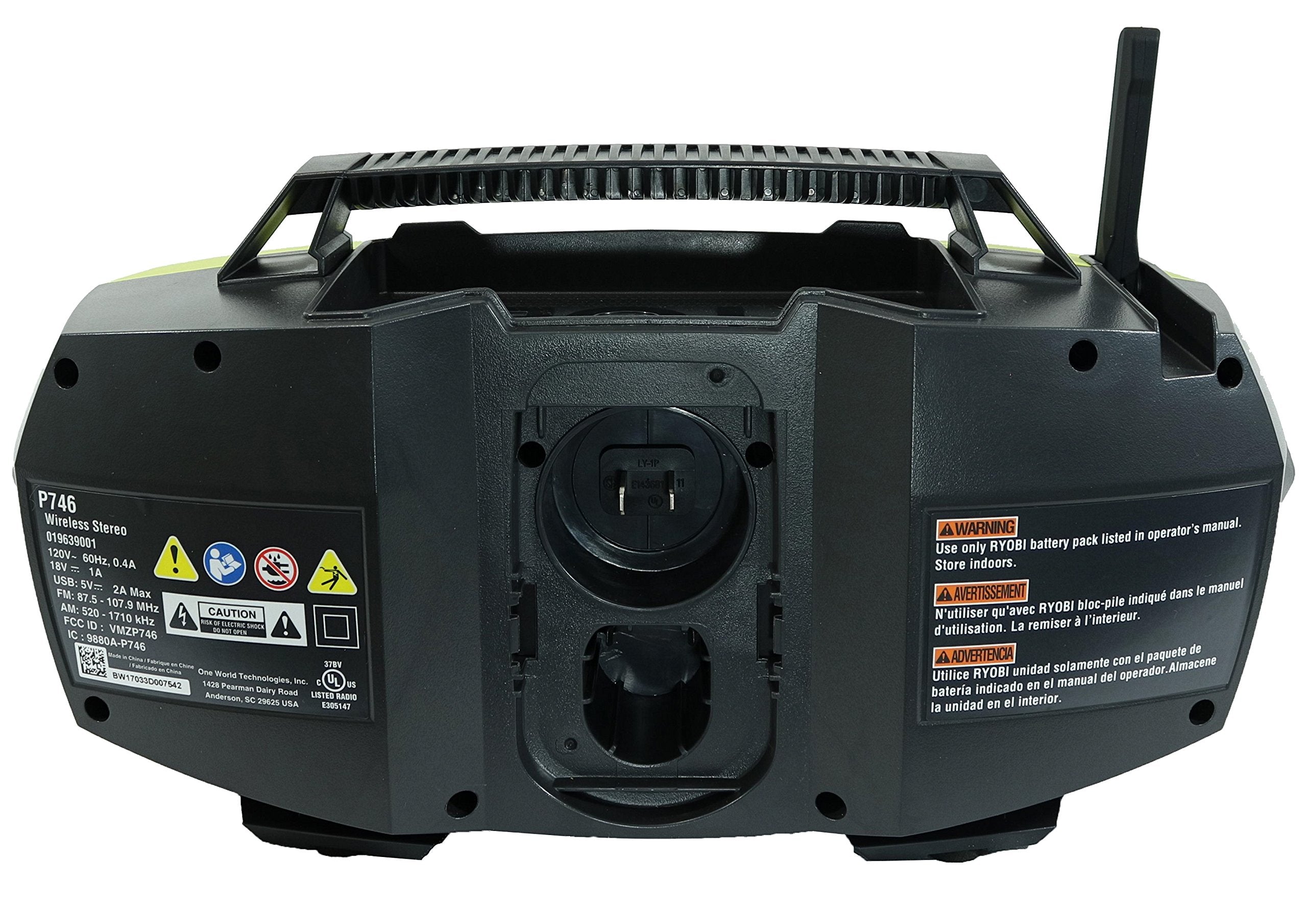 Ryobi P746 One+ 18 Volt Lithium Ion / Ac Dual Powered Am/Fm Stereo System With Usb And Bluetooth Technology (Battery, Charger, And Extension Cord Not Included / Radio Only)