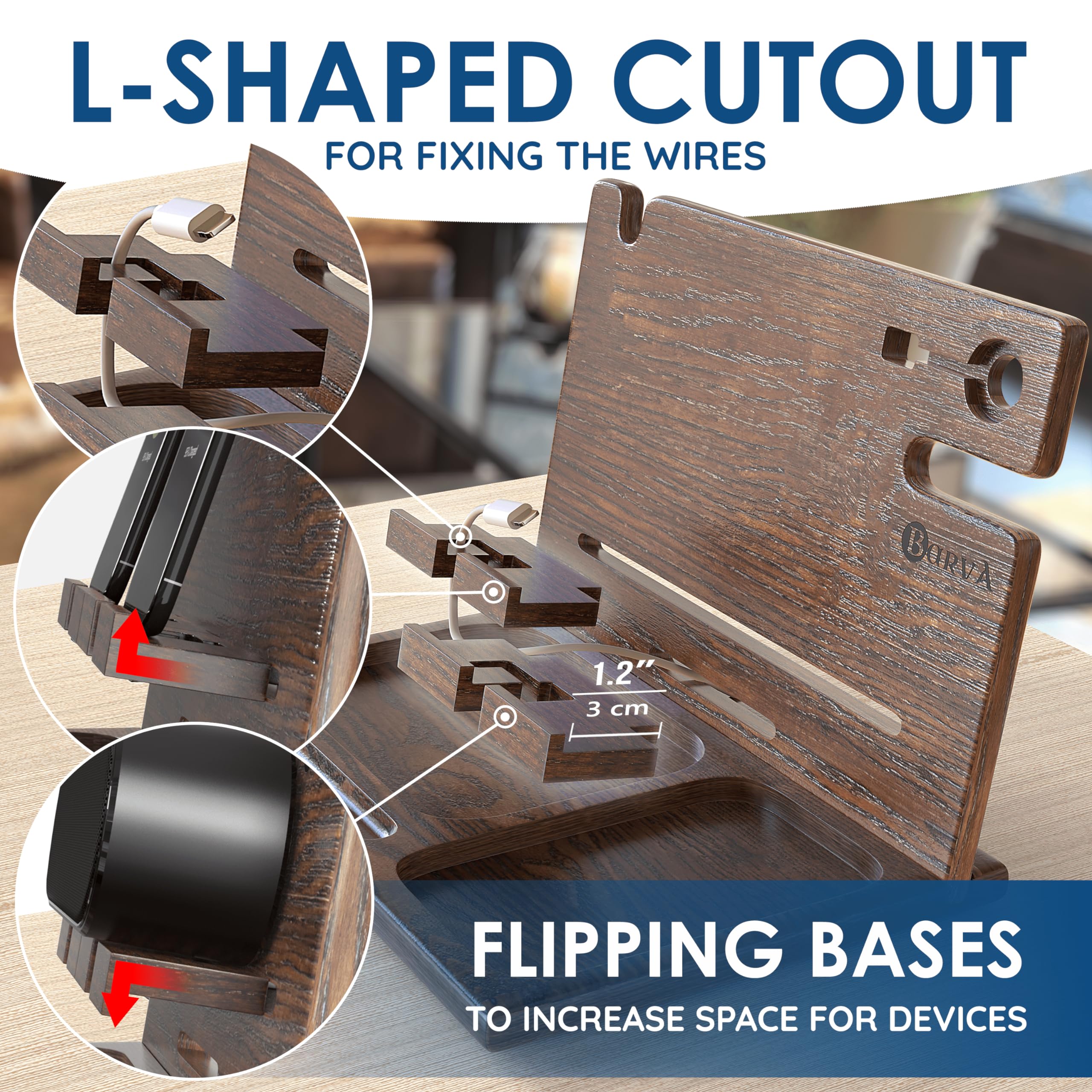 Barva Two Phone Docking Station | Night Stand Desk Organizer | Wood Nightstand Organizer | Tablet Smart Watch Earbuds Charging S