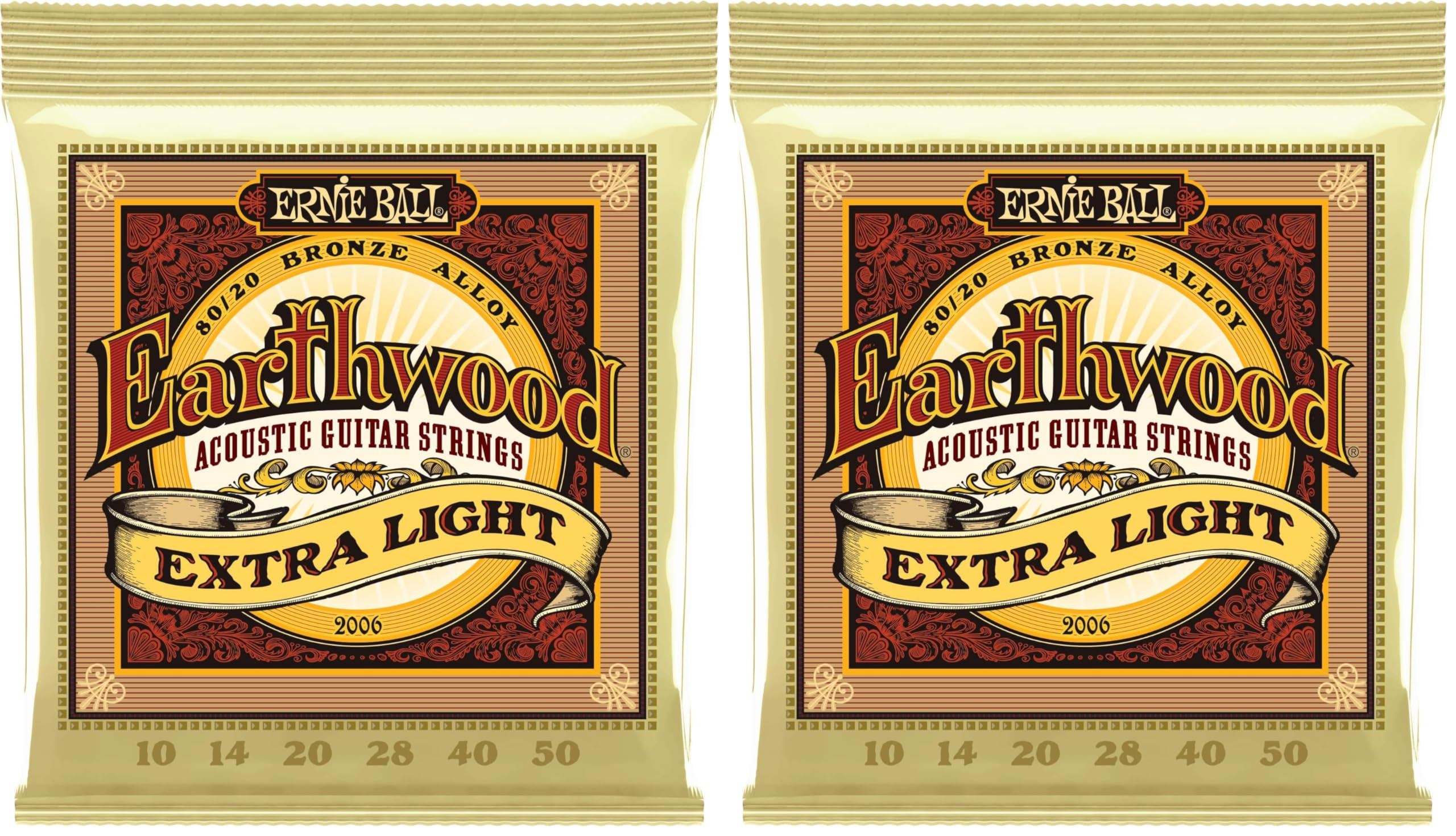 Ernie Ball Earthwood Extra Light 80/20 Bronze Acoustic Guitar Strings, 10-50 Gauge (P02006) (Pack of 2)