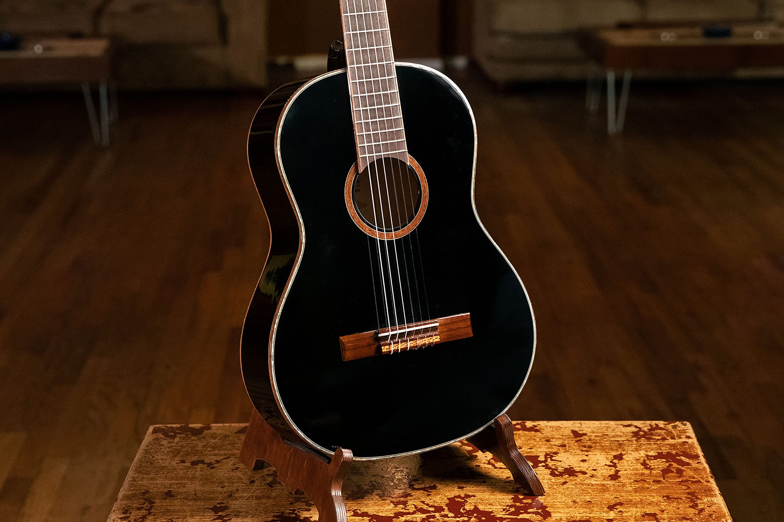 Ortega Guitars 6 Family Series Full Size Slim Neck Nylon String Classical Guitar W/Bag, Right, Spruce Top-Black-Gloss, (R221Bk)