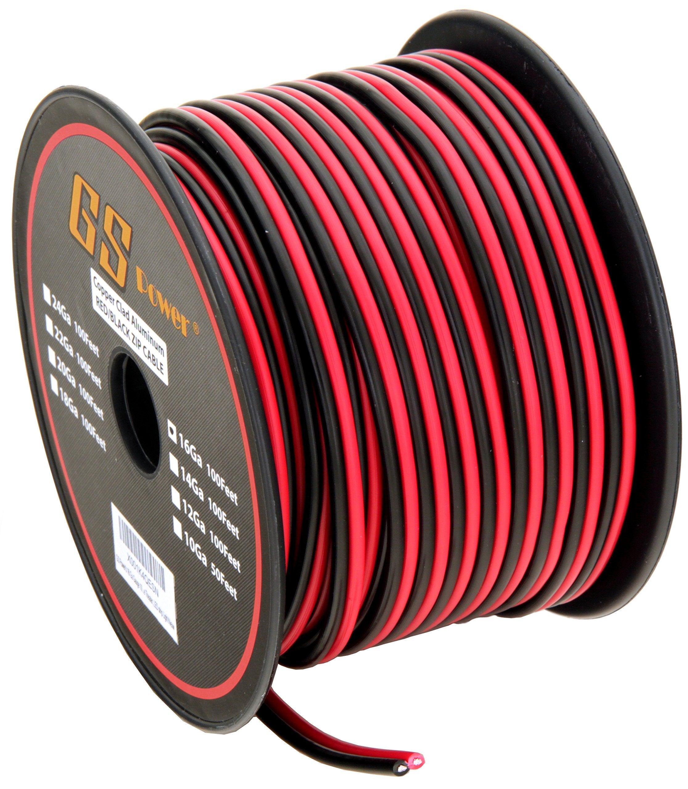 Gs Power 16 Gauge Stranded Copper Clad Aluminum 100Ft Red / 100Ft Black Bonded Zip Cord Wire For 12 Volt Automotive Harness Car Audio Hookup Amplifier Led Light Wiring