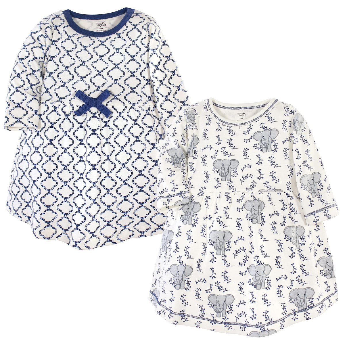 Touched By Nature Girls, Toddler, Baby And Womens Organic Cotton Short Sleeve And Long Sleeve Dresses, Blue Elephant Long Sleeve