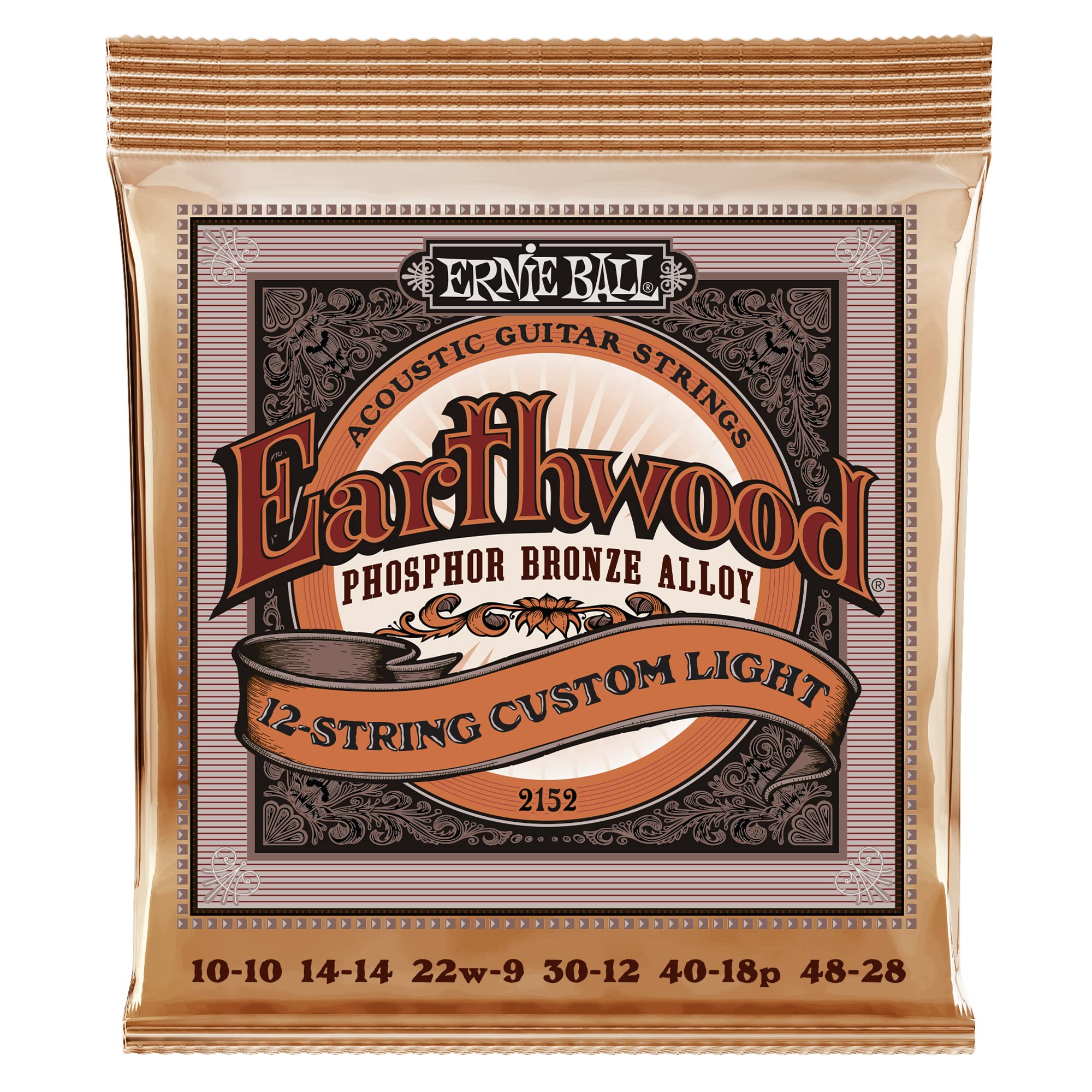 Ernie Ball Earthwood 12 String Custom Light Phosphor Bronze Acoustic Guitar Strings, 10 48 Gauge (P02152)