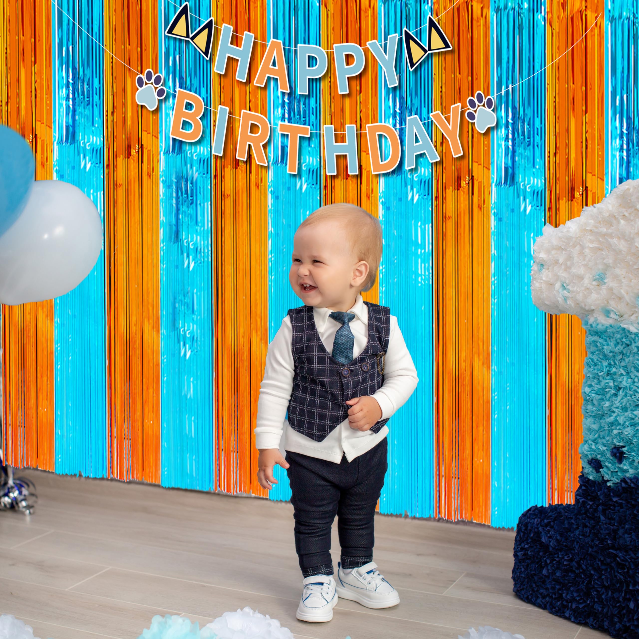 2 Pack 3.3X6.6Ft Blue Dog Foil Fringe Curtains And Banner, Orange And Blue Tinsel Photo Booth Prop, Streamer Backdrop Blue Dog B