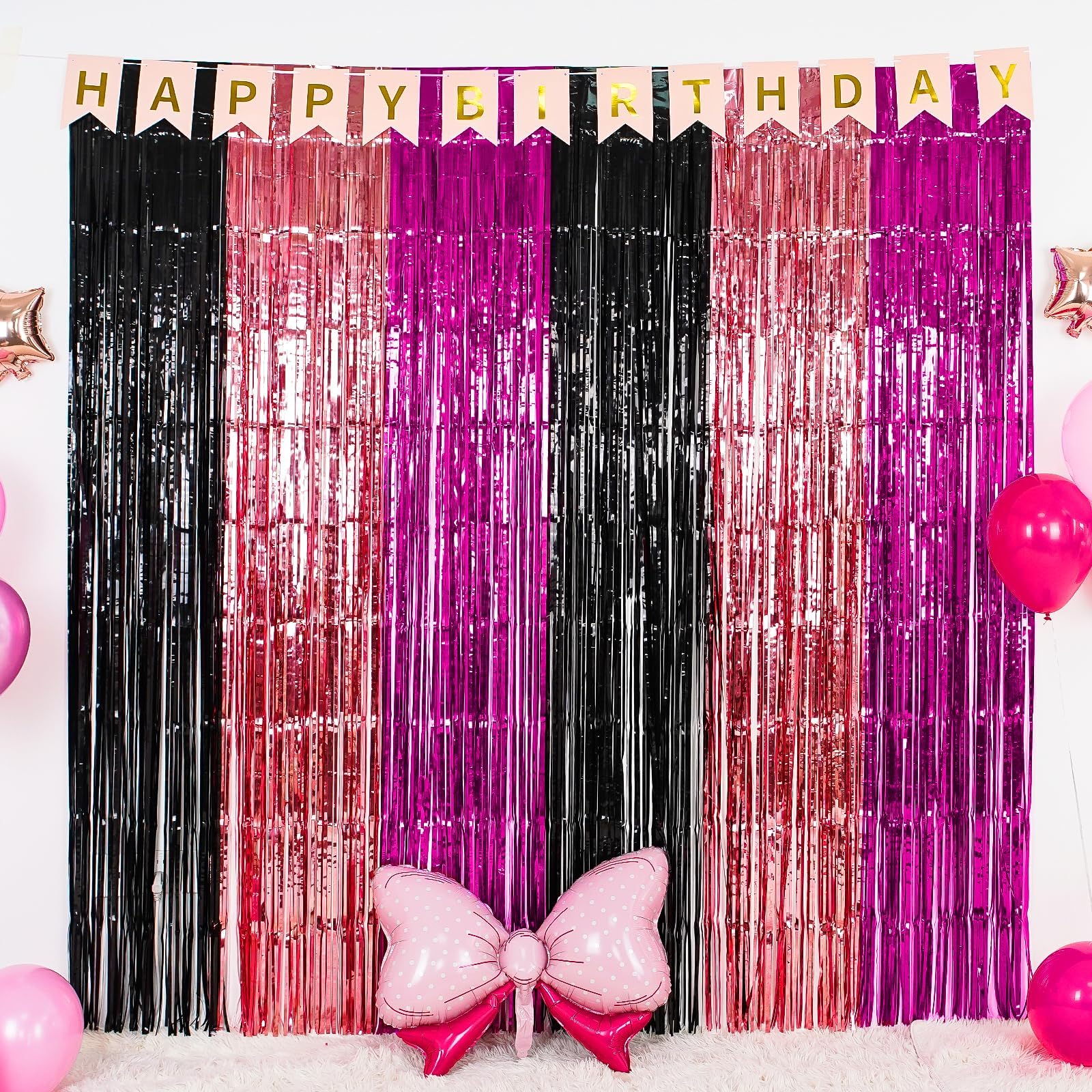Minnie Birthday Party Supplies, 2 Pack 3.3X6.6 Ft Hot Pink Black Foil Fringe Curtain, Black And Pink Photo Booth Prop Streamer B