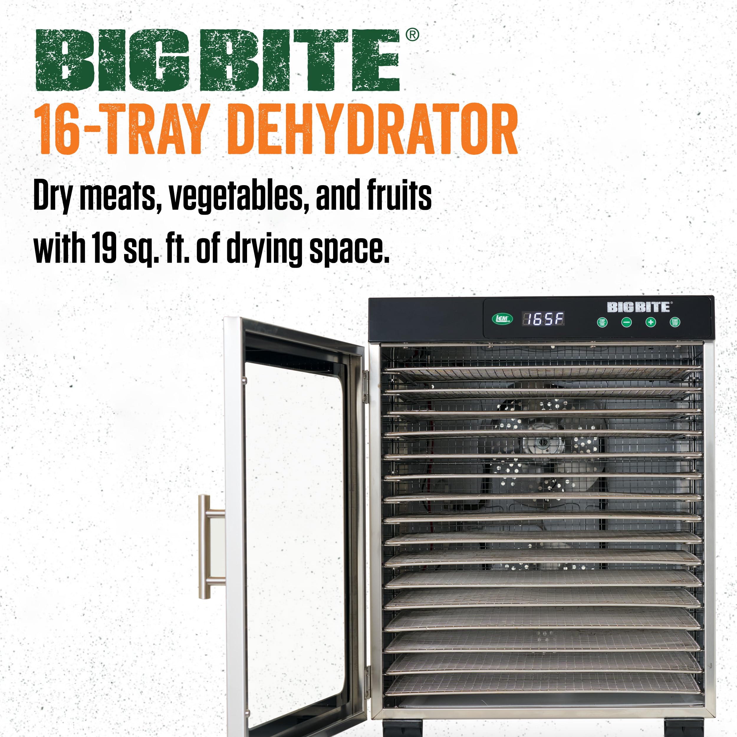 Lem Products Bigbite 16-Tray Stainless Steel Dehydrator, Food Dehydrator For Beef Jerky, Meat, Vegetables, And Fruits, Includes
