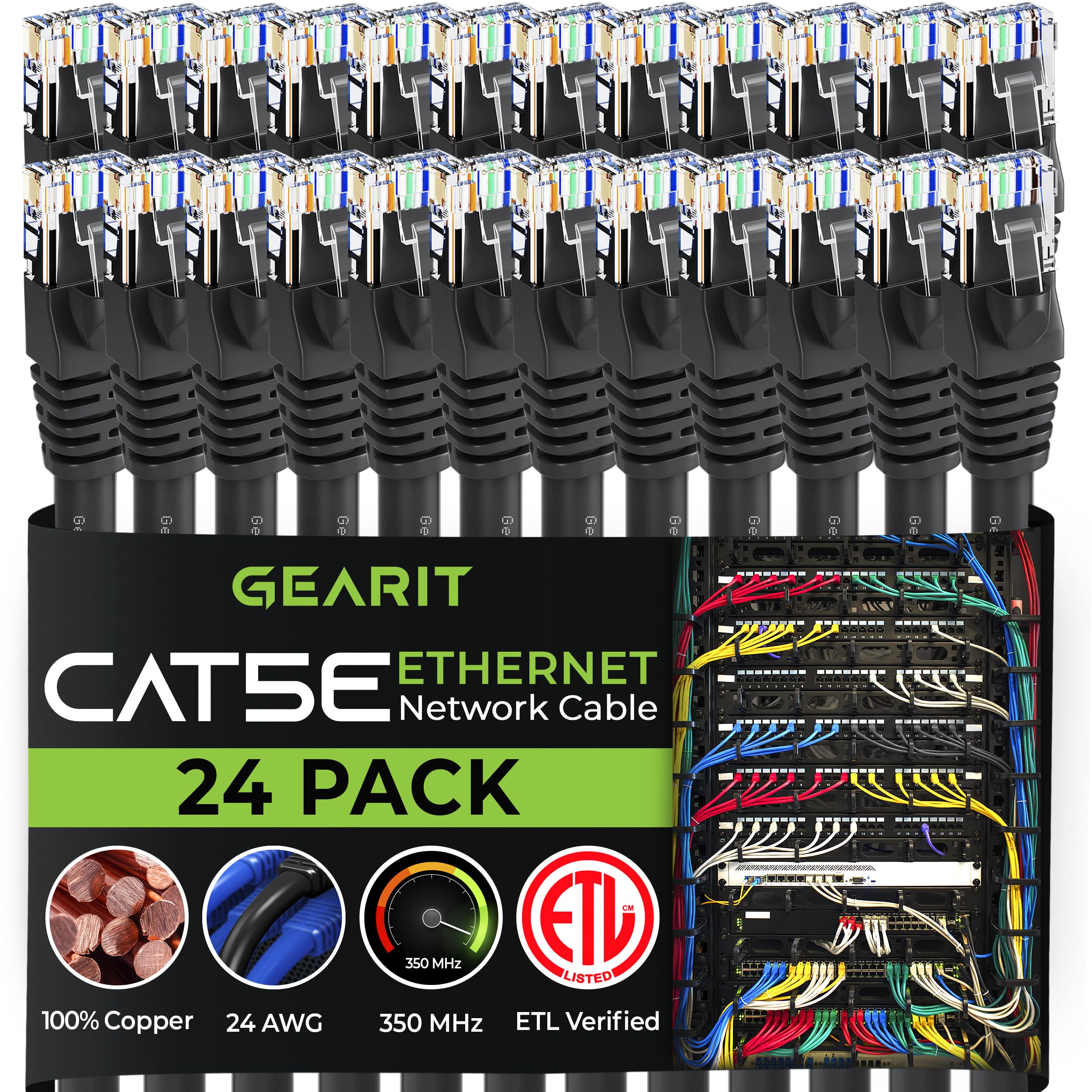 Gearit 24 Pack, Cat5E Ethernet Patch Cable 1 Foot   Snagless Rj45 Computer Lan Network Cord, Black