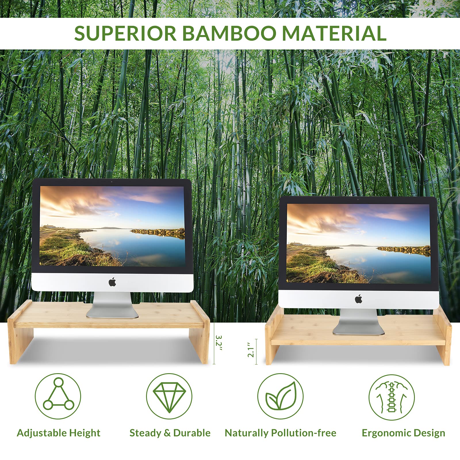 Kinlink Bamboo Monitor Stand Riser, Monitor Riser With 2 Adjustable Height, 15.8 Inch Computer Riser For Computer, Imac, Pc, Pri