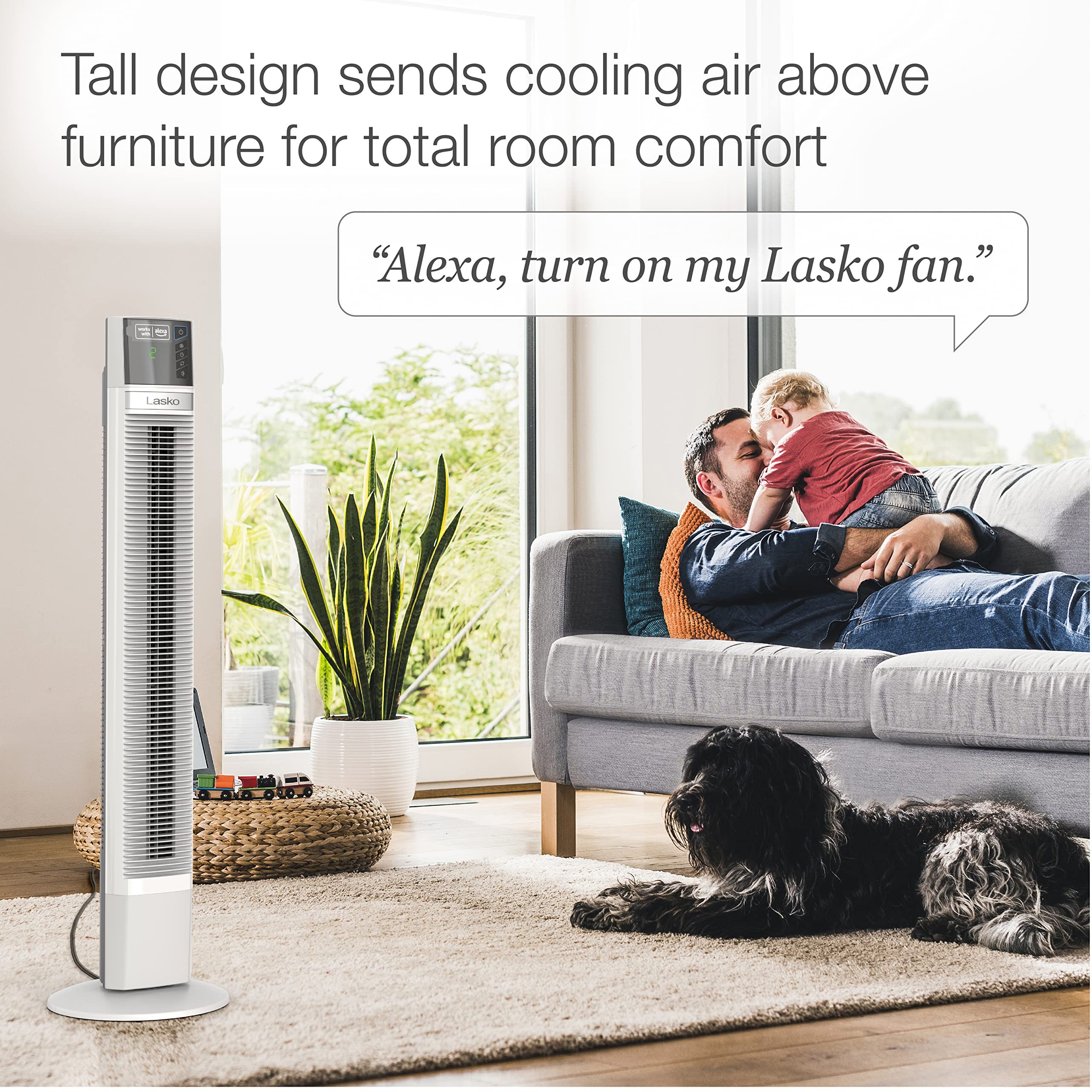 Lasko Works With Alexa Oscillating Tower Fan, Voice Controlled, 4 Quiet Speeds, Sleep Mode, Timer, Bedroom, Living Room, 48, Whi