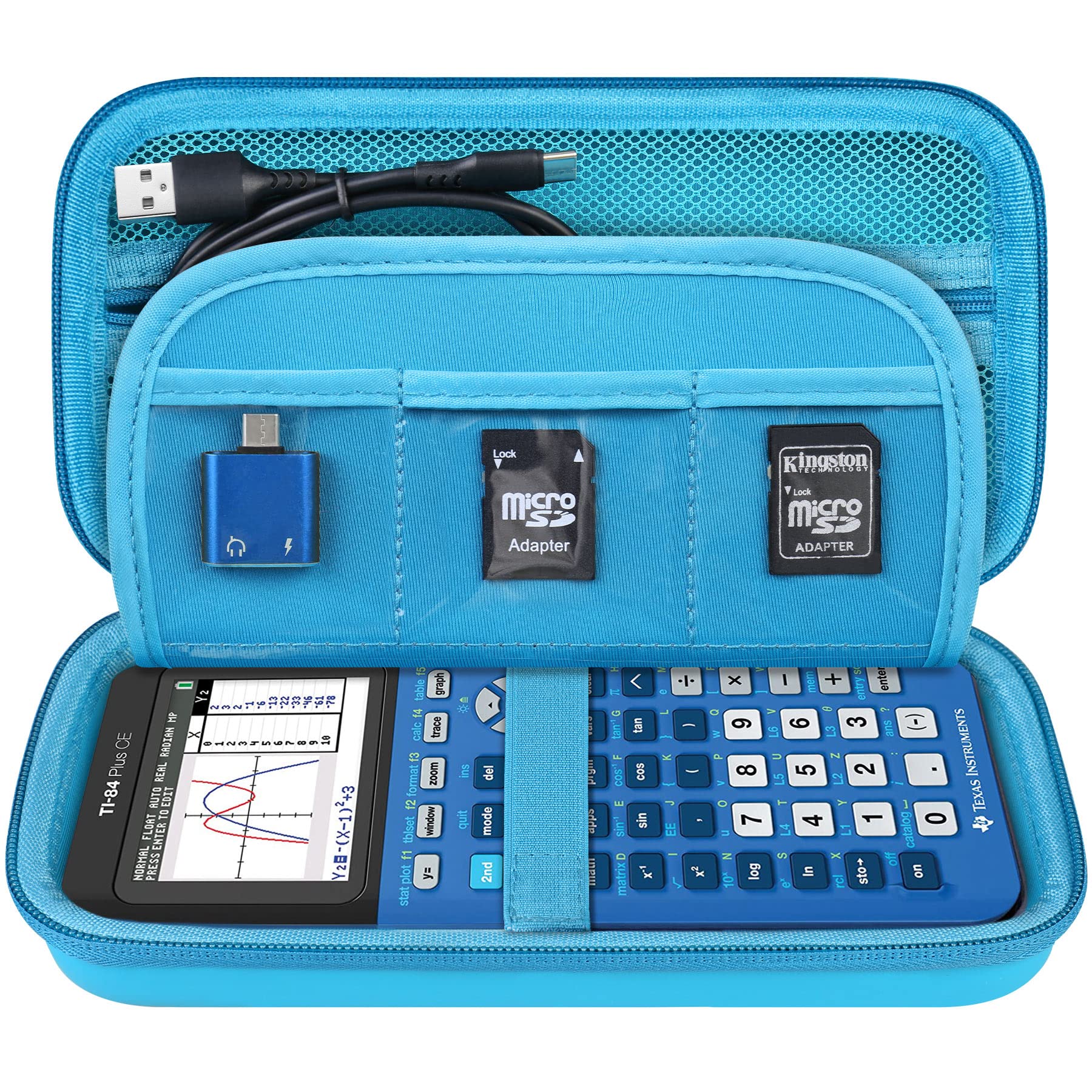 Elonbo Carrying Case For Texas Instruments Ti 84 Plus Ce/Ti 84 Plus/Ti 83 Plus Ce/Casio Fx 9750Gii Color Graphing Calculator, Extra Mesh Pocket Fits Charging Cable, Charger, Manual, Blue