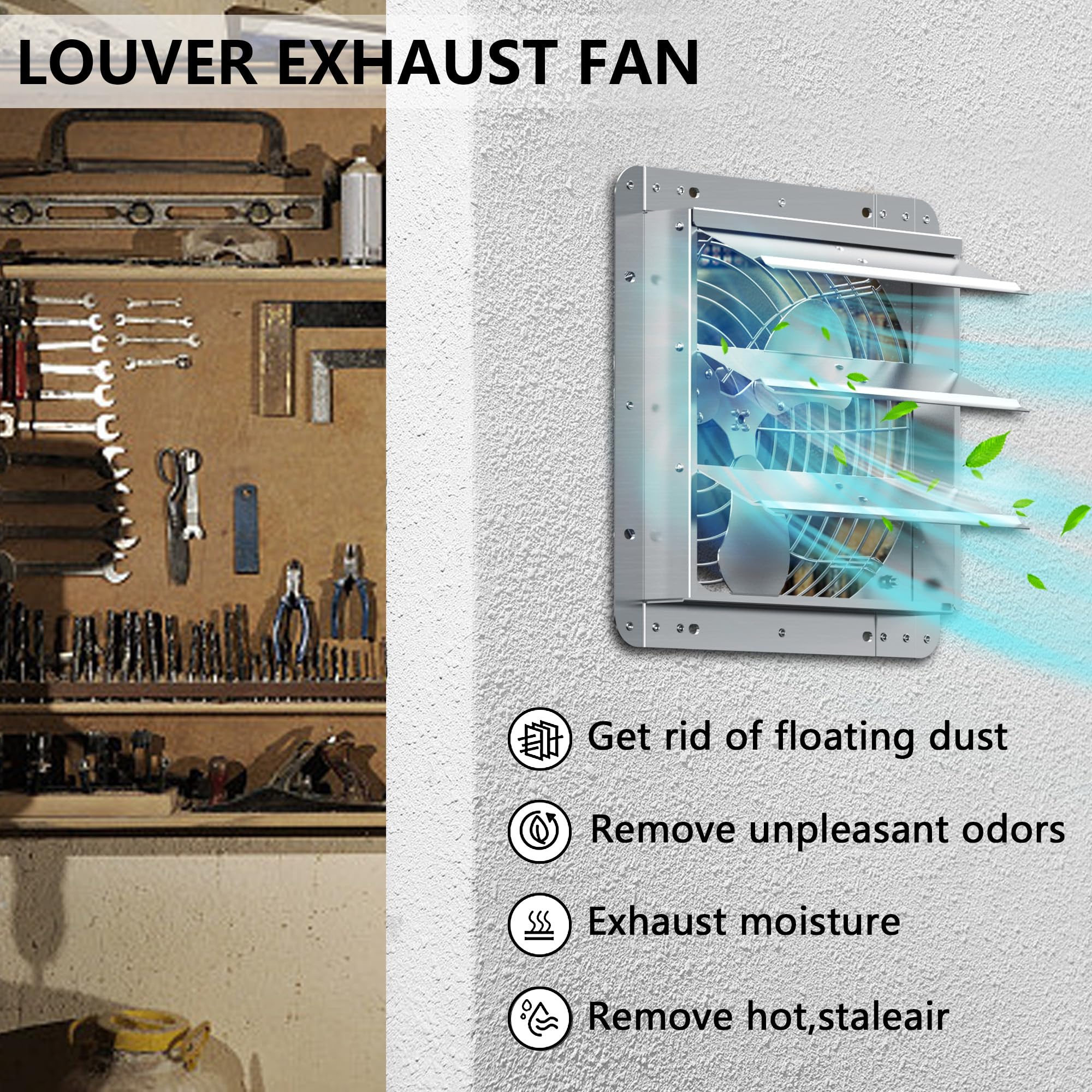 Ficbxra 10 Inch Shutter Exhaust Fan, Aluminum Wall Mounted Exhaust Fan, 844 Cfm High Speed Automatic Shutter Attic Fan, Vent Fan