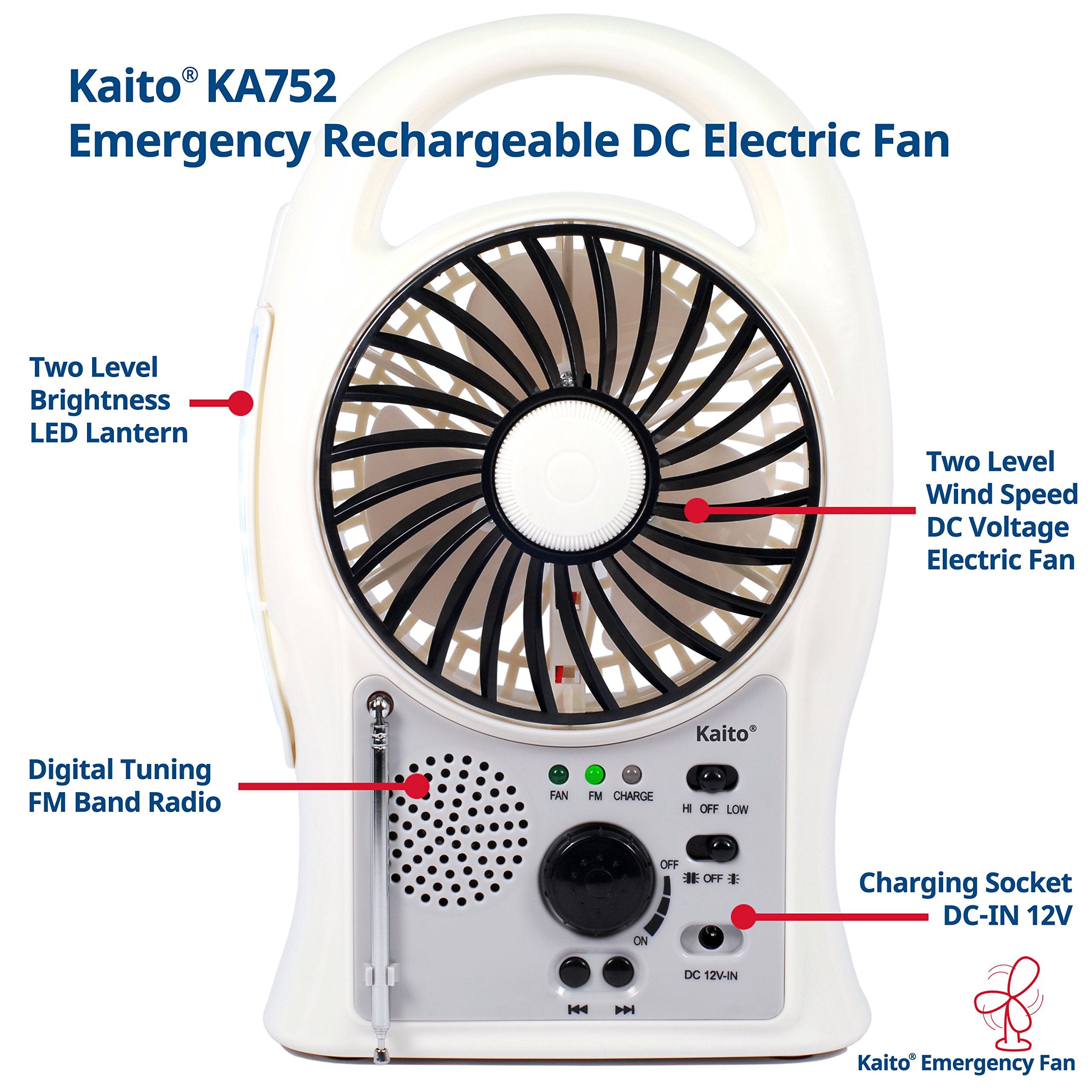 Kaito Portable Electric Fan 3-In-1 Ka752 Rechargeable 5 2-Speed Battery-Powered Personal Fan With Scan Fm Radio & 24-Led Camping