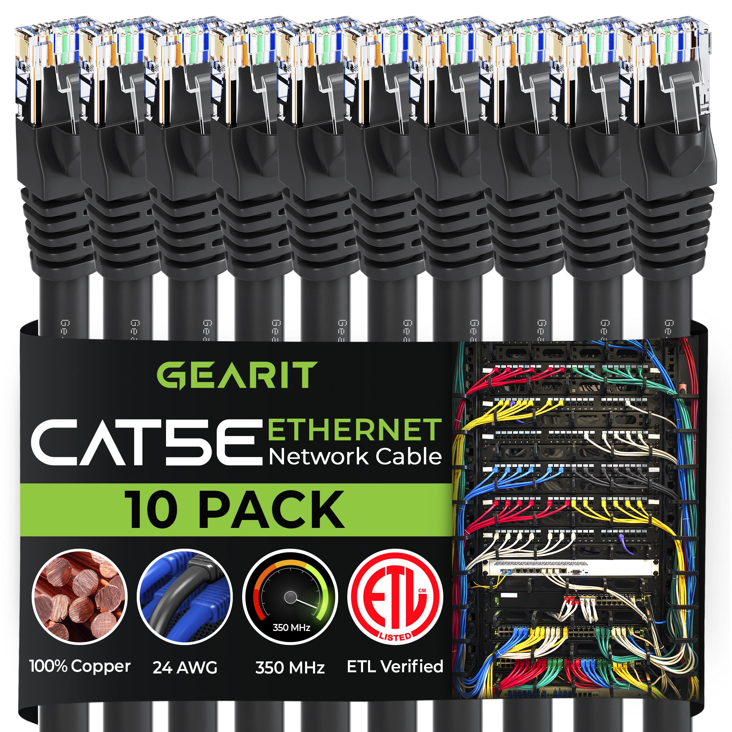 GearIt 10-Pack, Cat5e Ethernet Patch Cable 10 Feet - Snagless RJ45 Computer LAN Network Cord, Black