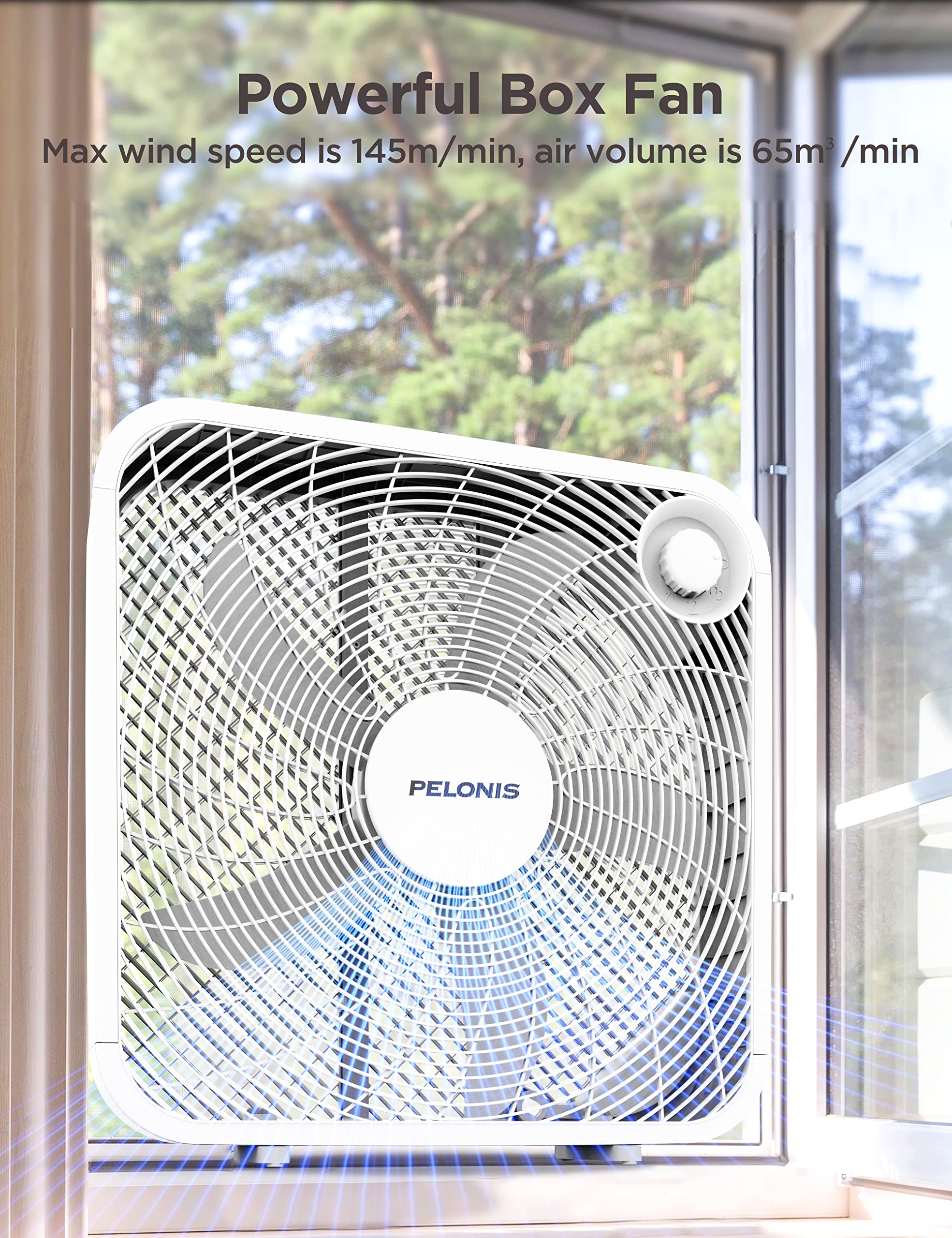 Pelonis 3 Speed Box Fan For Full Force Circulation With Air Conditioner, White