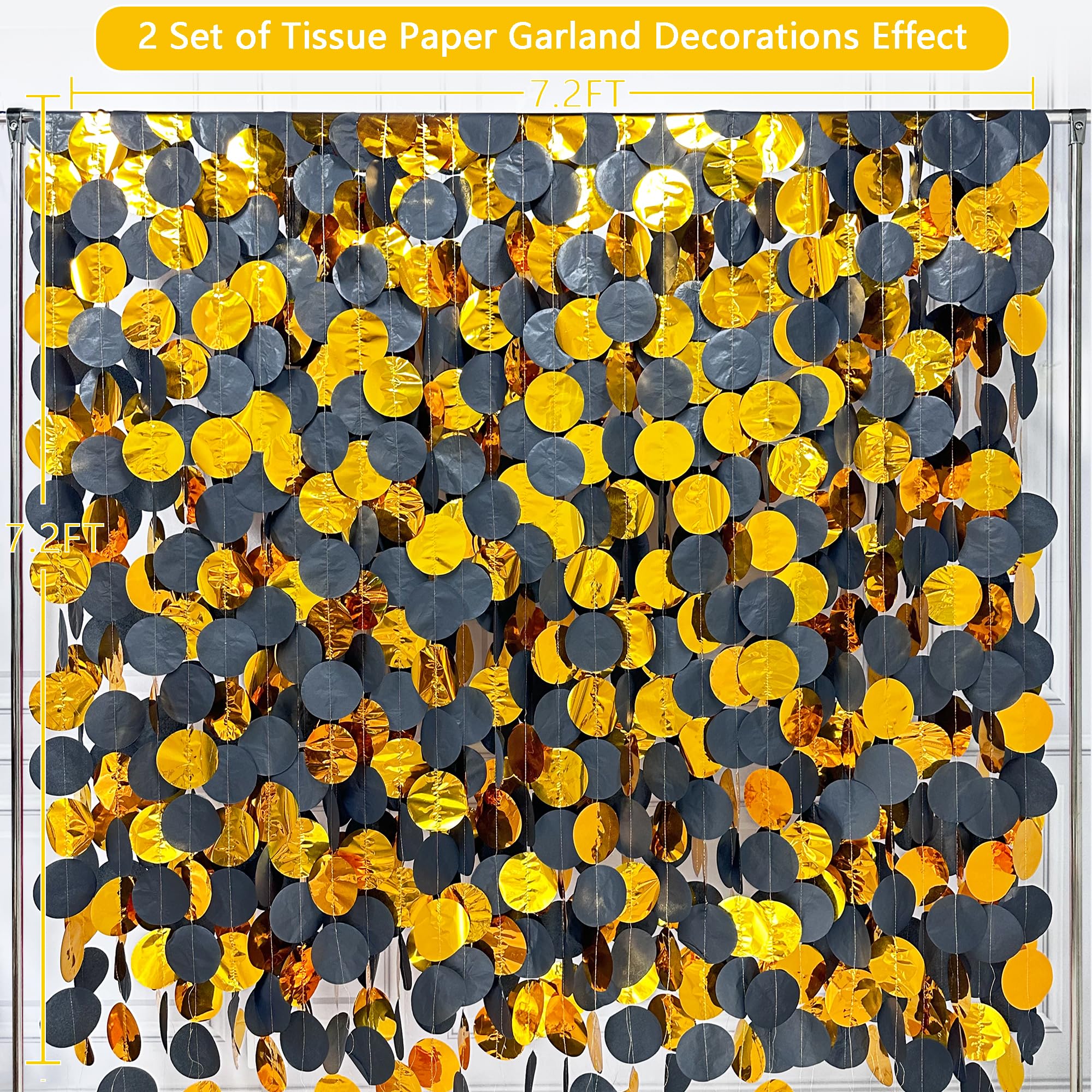 205Ft Black Gold Party Decorations Circle Dot Garland Backdrop Black Tissue Paper Gold Foil Polka Dot Streamer For Graduation Bi