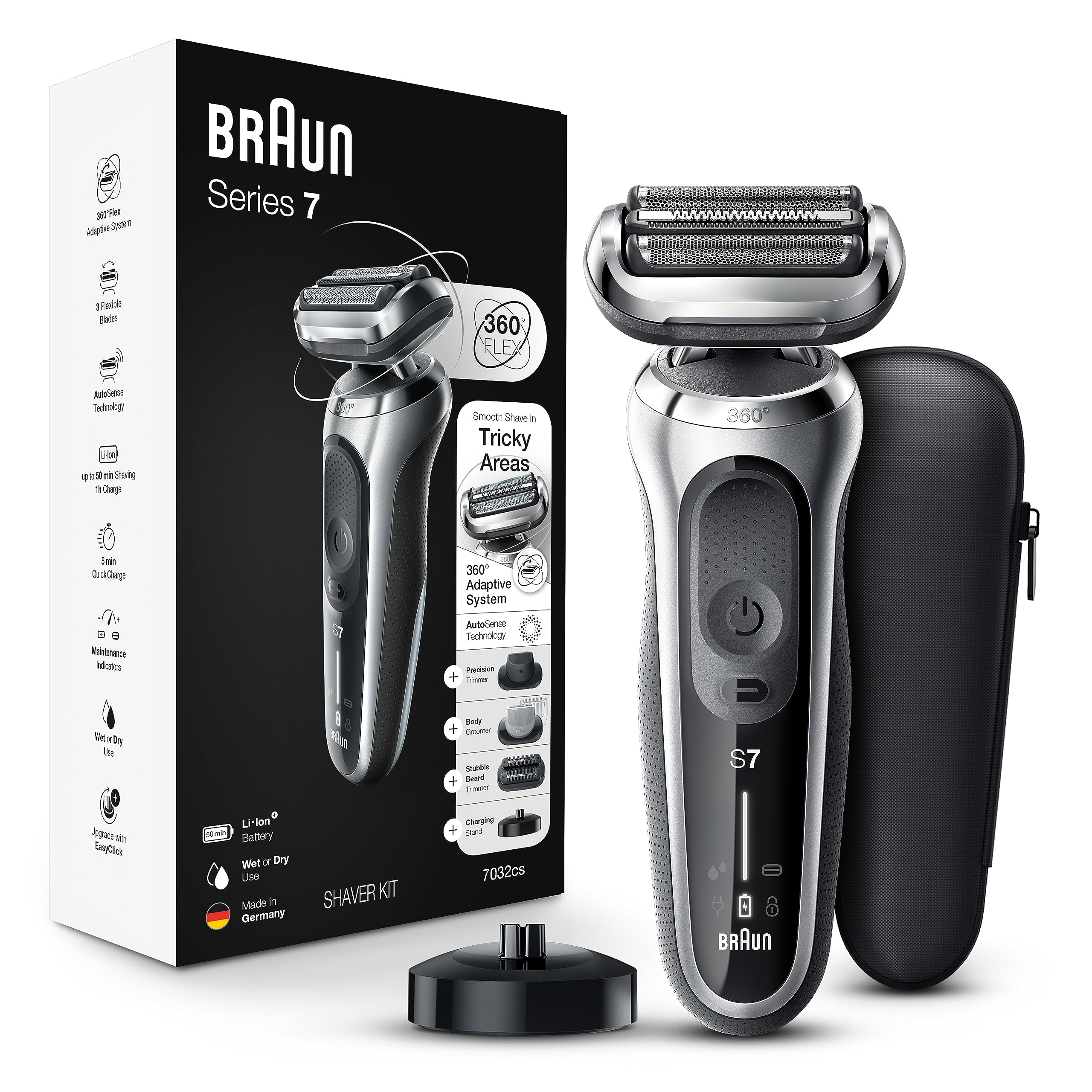 Braun Series 7 7032Cs Flex Electric Razor For Men, Wet & Dry, Electric Razor, Rechargeable, Cordless Foil Shaver With Beard Trim