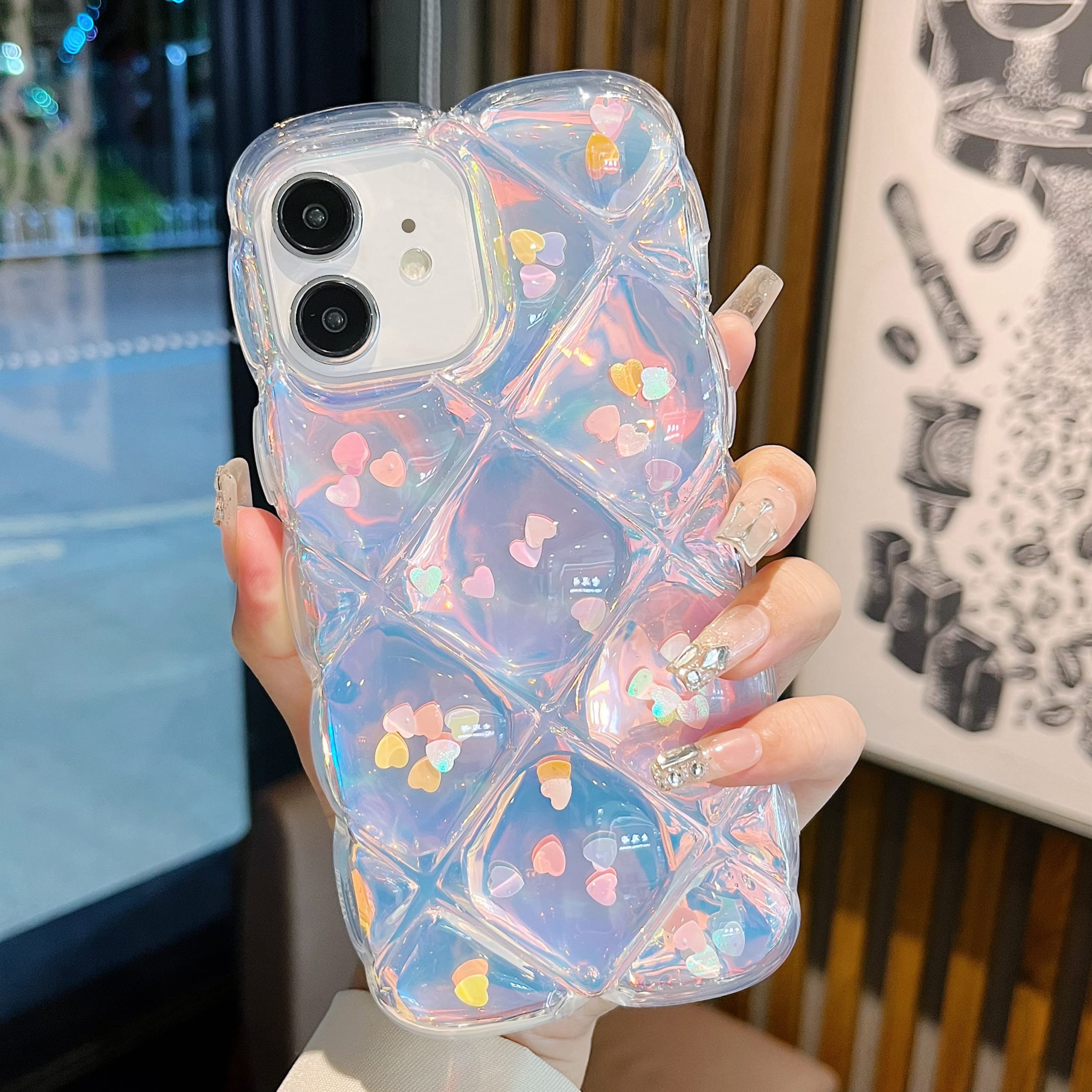 Qokey iPhone 11 Case Laser Love Heart Glitter Shockproof Wave Frame TPU Clear 6.1 inch