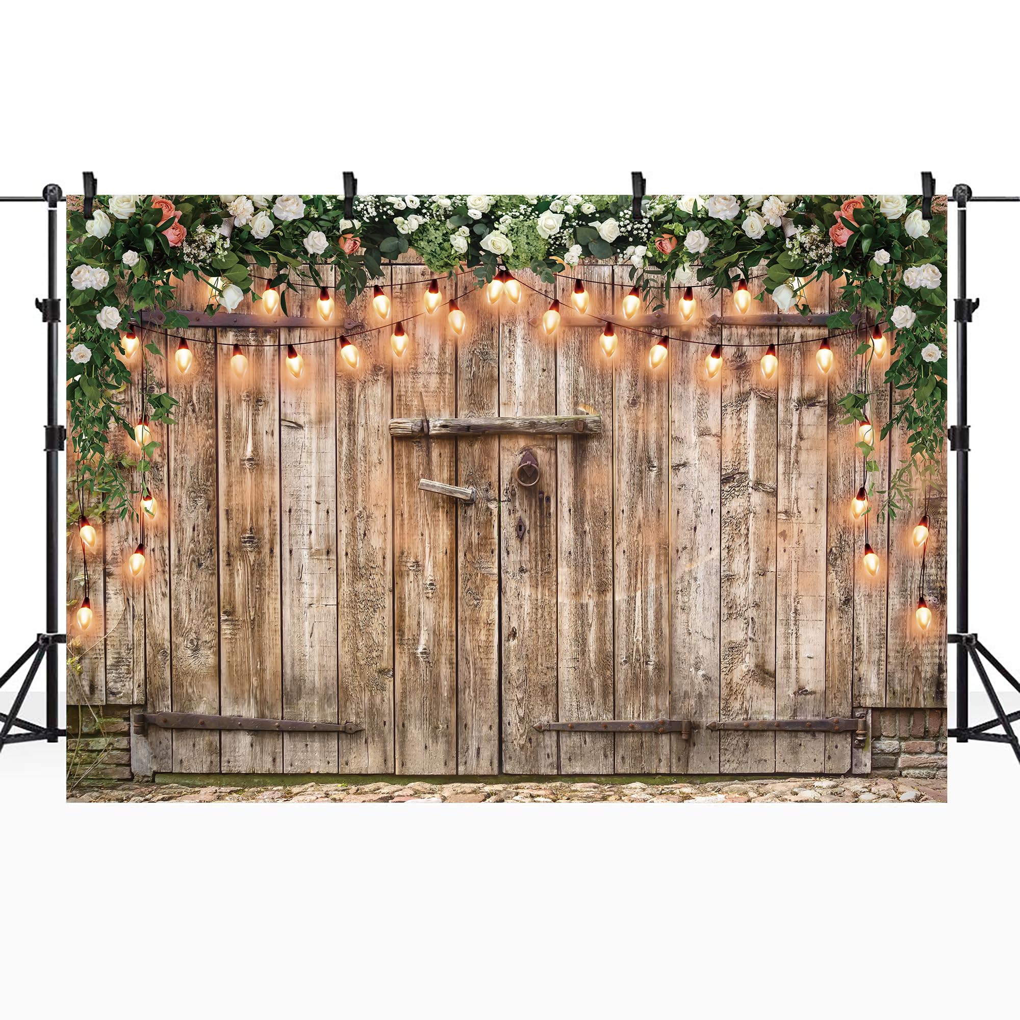 Riyidecor Rustic Backdrop Polyester Fabric Barn Door Photography Backgrounds 7Wx5H Feet Western Wood Plank Green Grass Leaves Fl