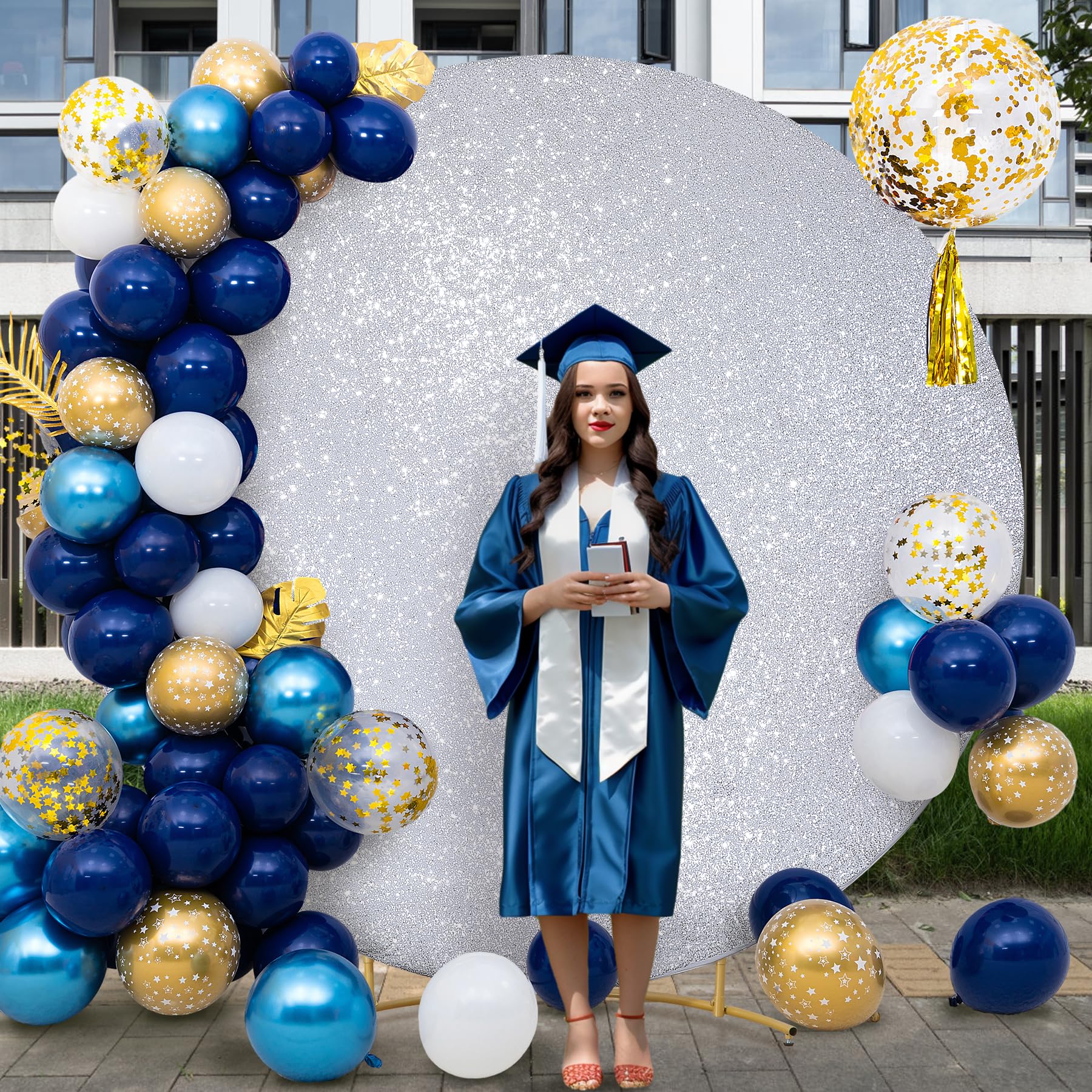 Silver Sequin Round Backdrop Cover 7.2Ft Glitter Circle Backdrop Cover Sparkly Photo Backdrop Balloon Arch Cover For Birthday Pa